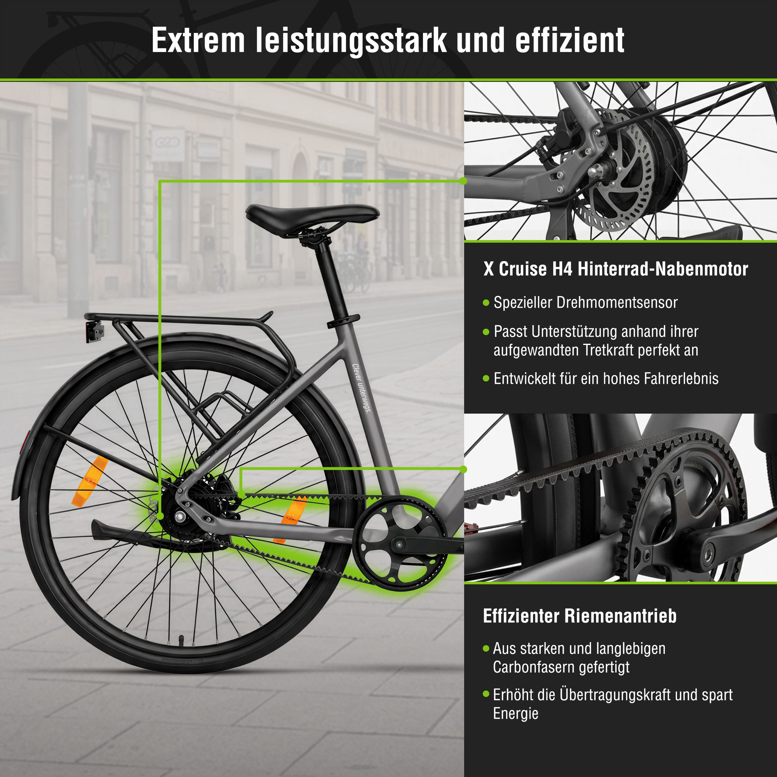 Ein graues Fahrrad mit Hinterradnabenmotor und Riemenantrieb.