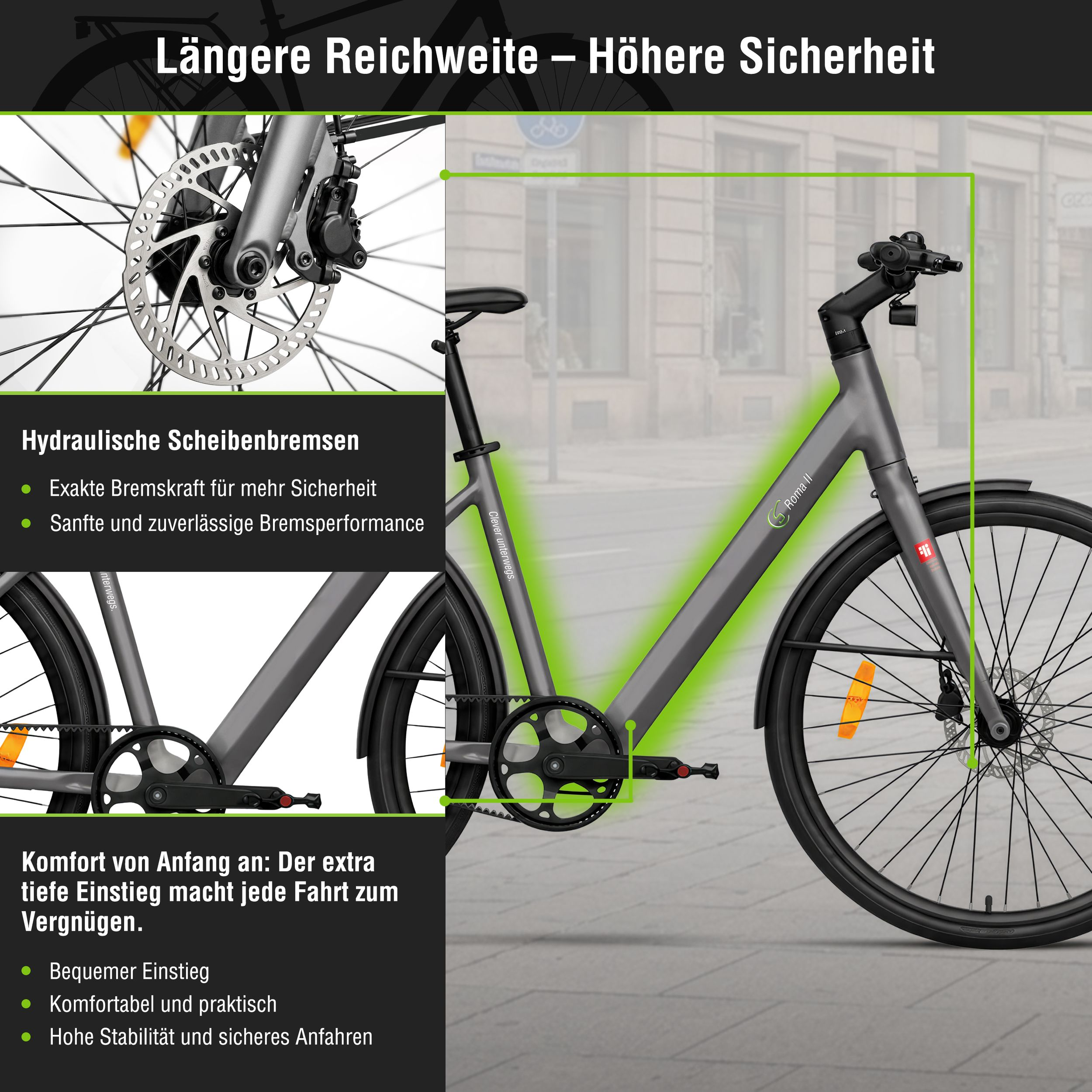 Graues Fahrrad mit hydraulischen Scheibenbremsen und tiefem Einstieg.