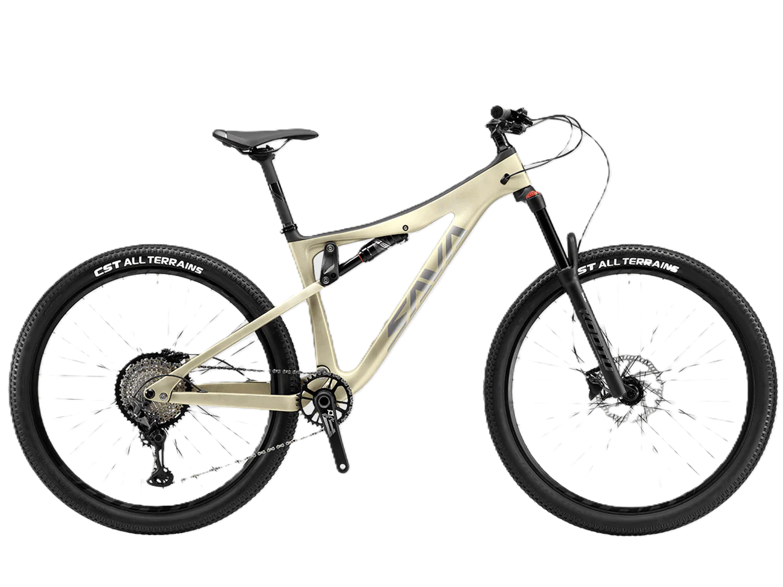 Ein beigefarbenes Mountainbike mit Vollfederung und schwarzen Reifen.