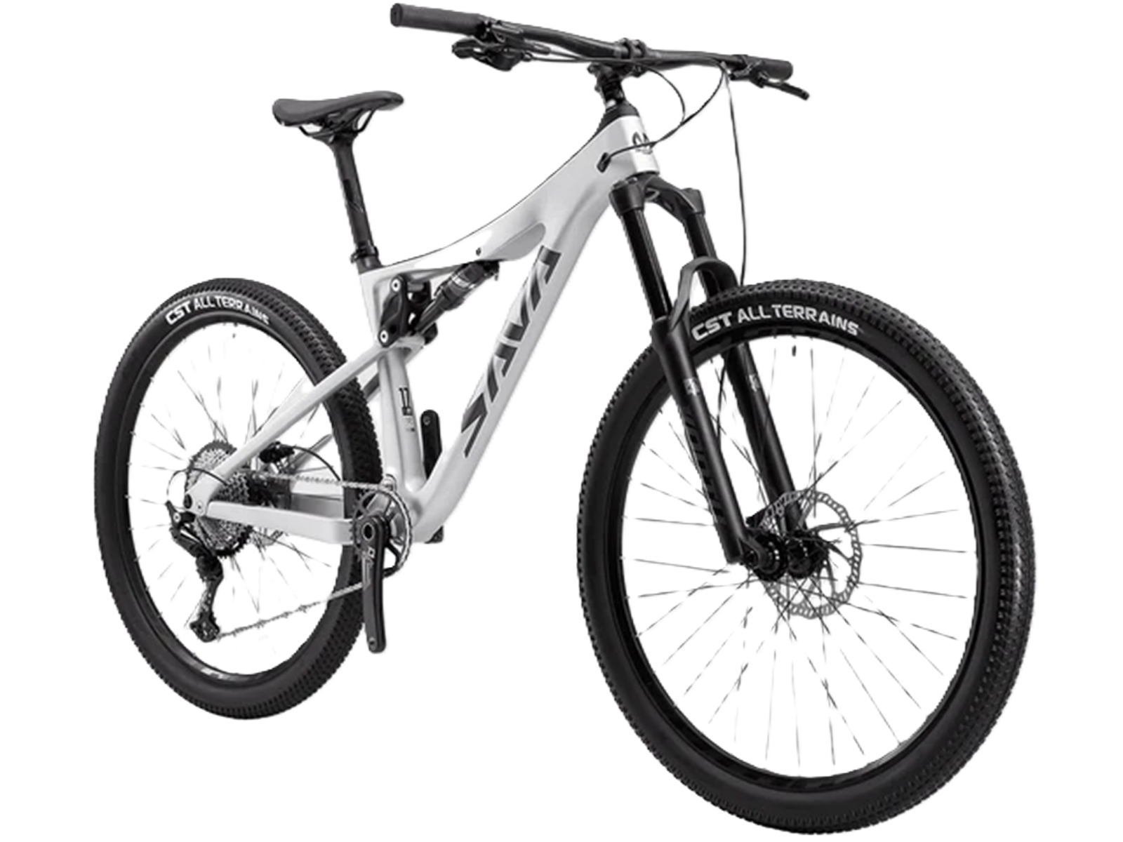 Ein weißes Mountainbike mit schwarzen Reifen und Federungselementen.