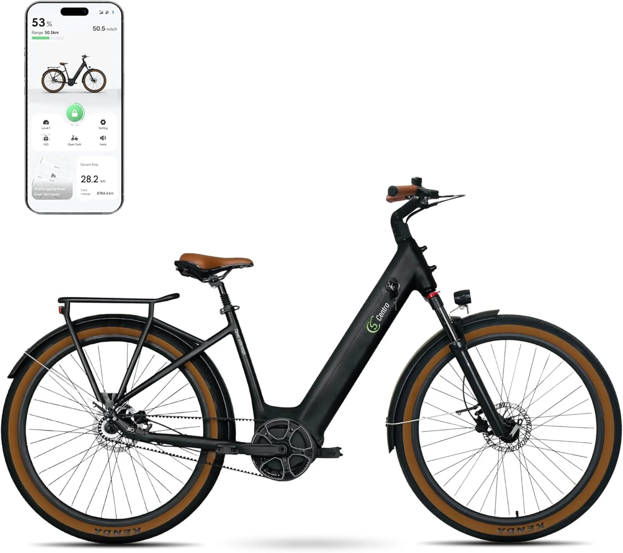Ein schwarzes E-Bike mit braunem Sattel und Griffen neben einem Smartphone.