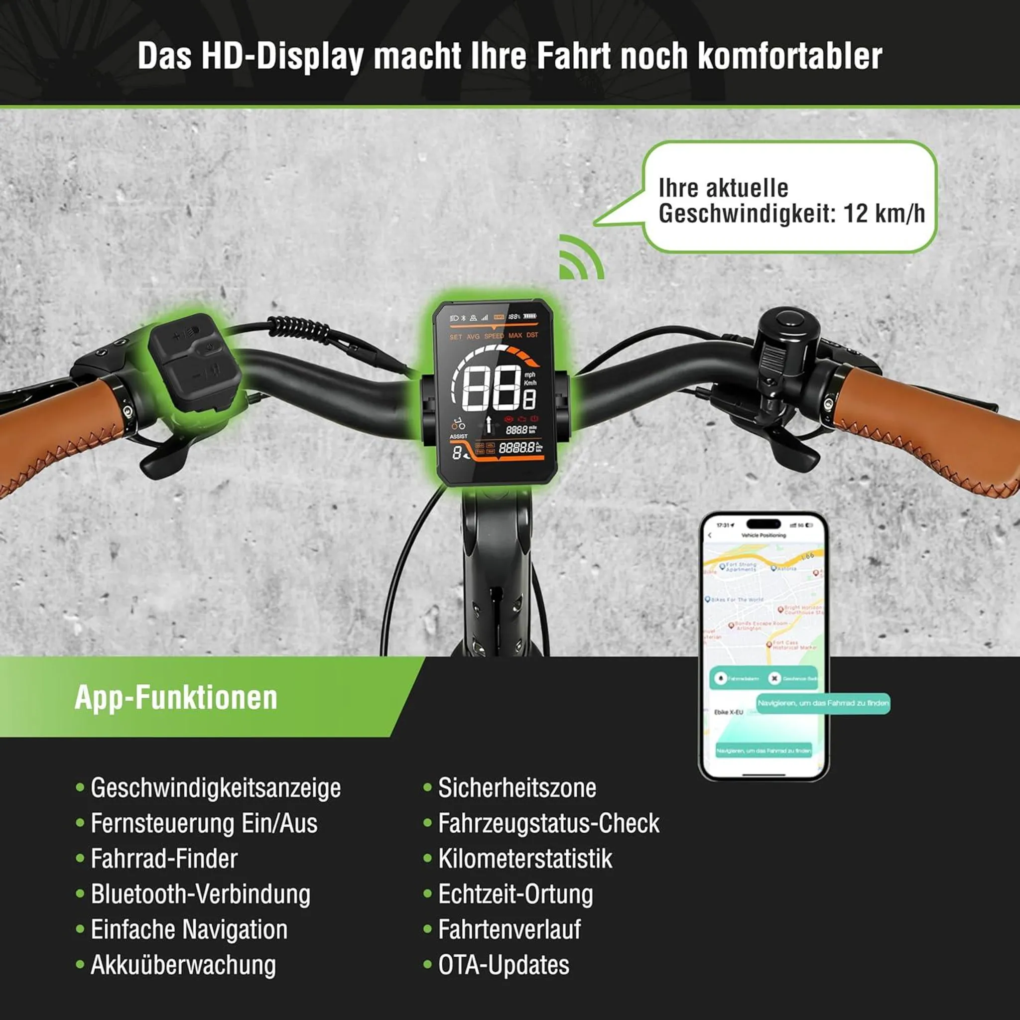 Lenker mit HD-Display, Smartphone-App und Bedienelementen.