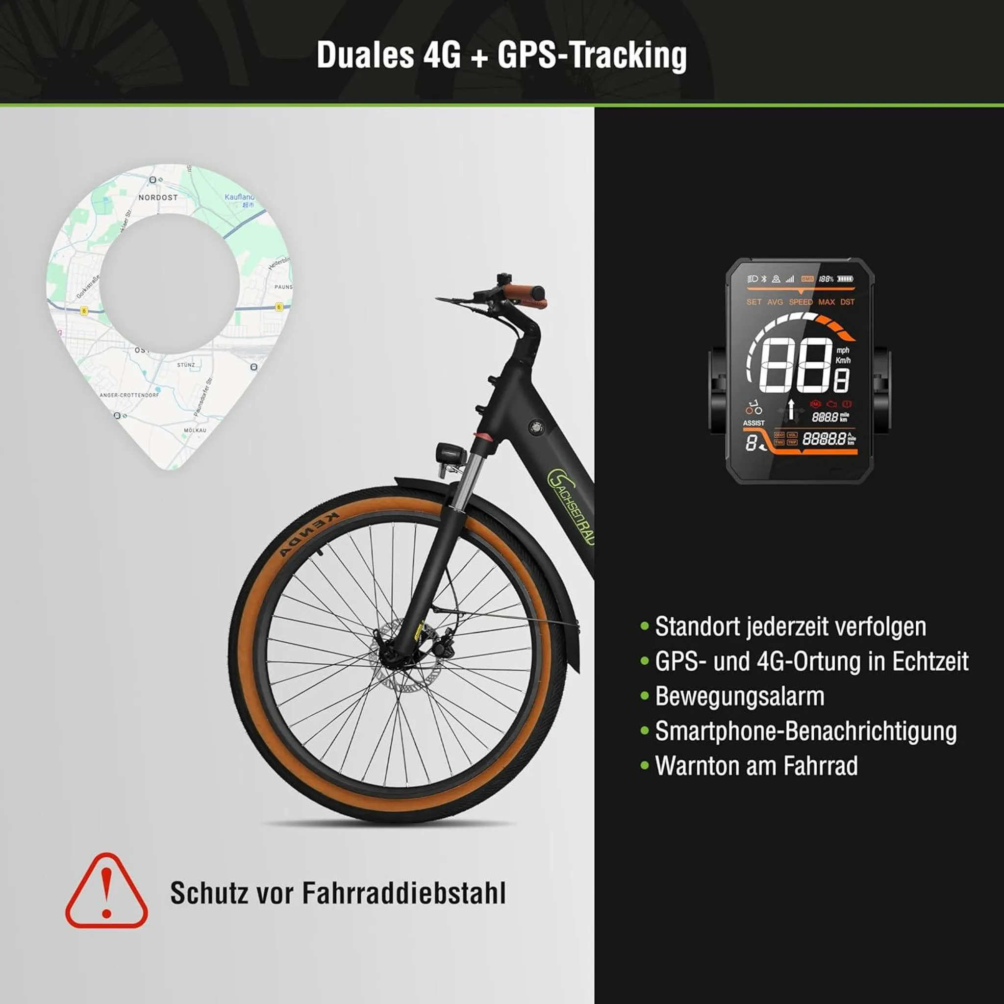 Ein E-Bike mit Fokus auf Diebstahlschutz und GPS-Tracking, mit Display und Karte.