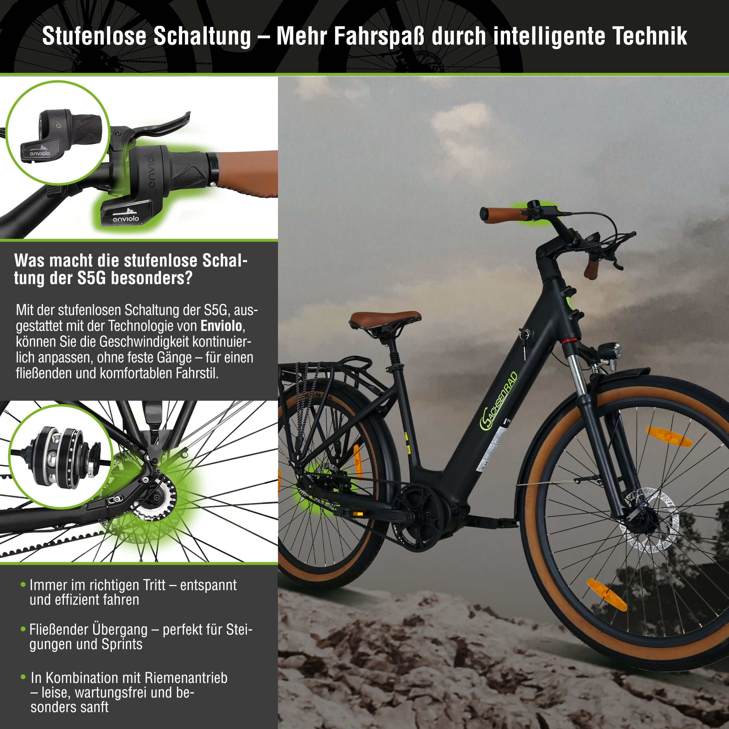 Ein schwarzes E-Bike mit braunem Sattel und Griffen steht im Freien.
