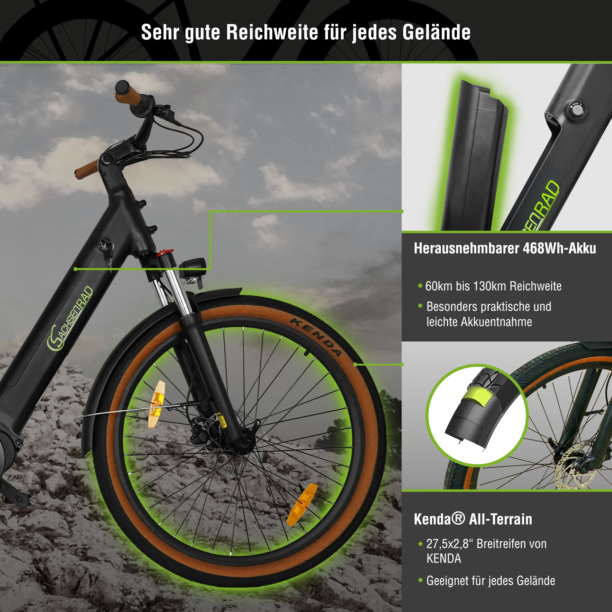 Ein schwarzes E-Bike mit breiten Reifen und abnehmbarem Akku steht draußen.