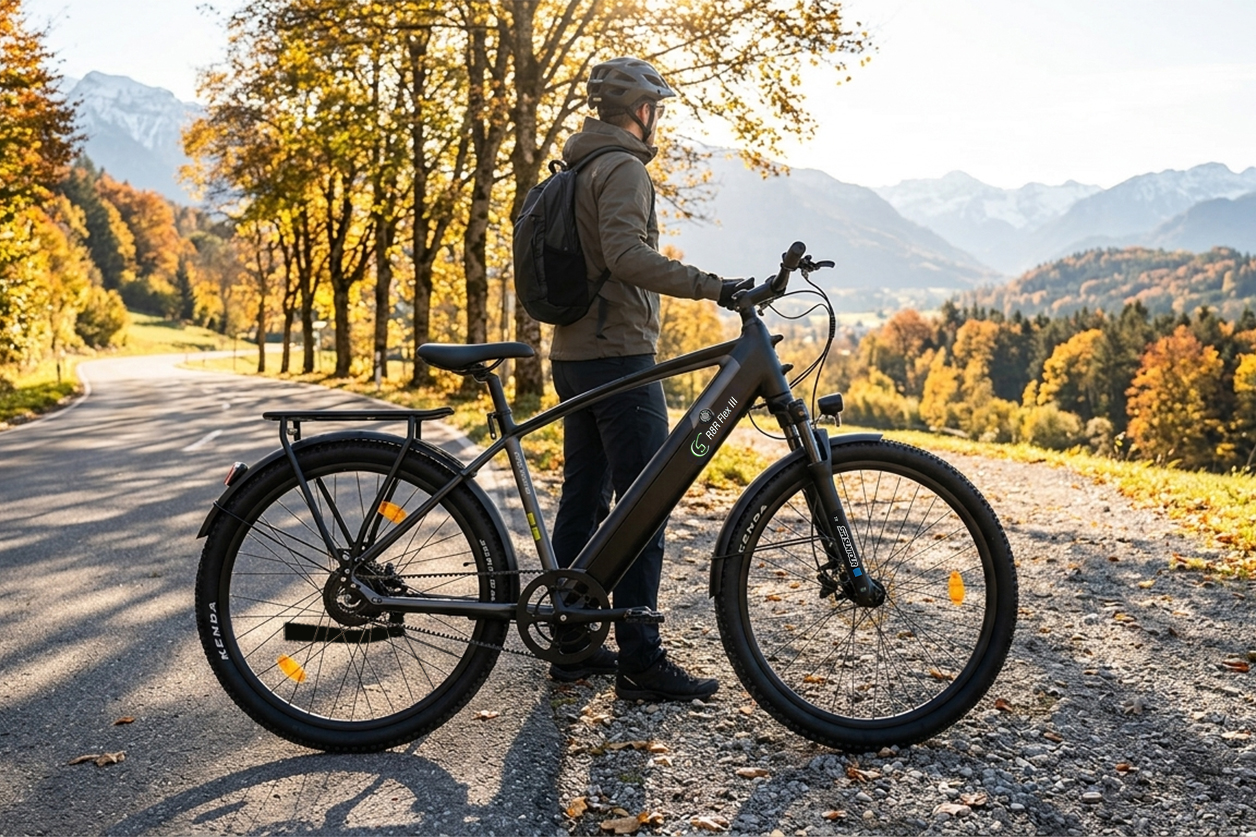 Mann mit Helm und Rucksack steht neben schwarzem E-Bike auf Herbststraße, Bergkulisse.