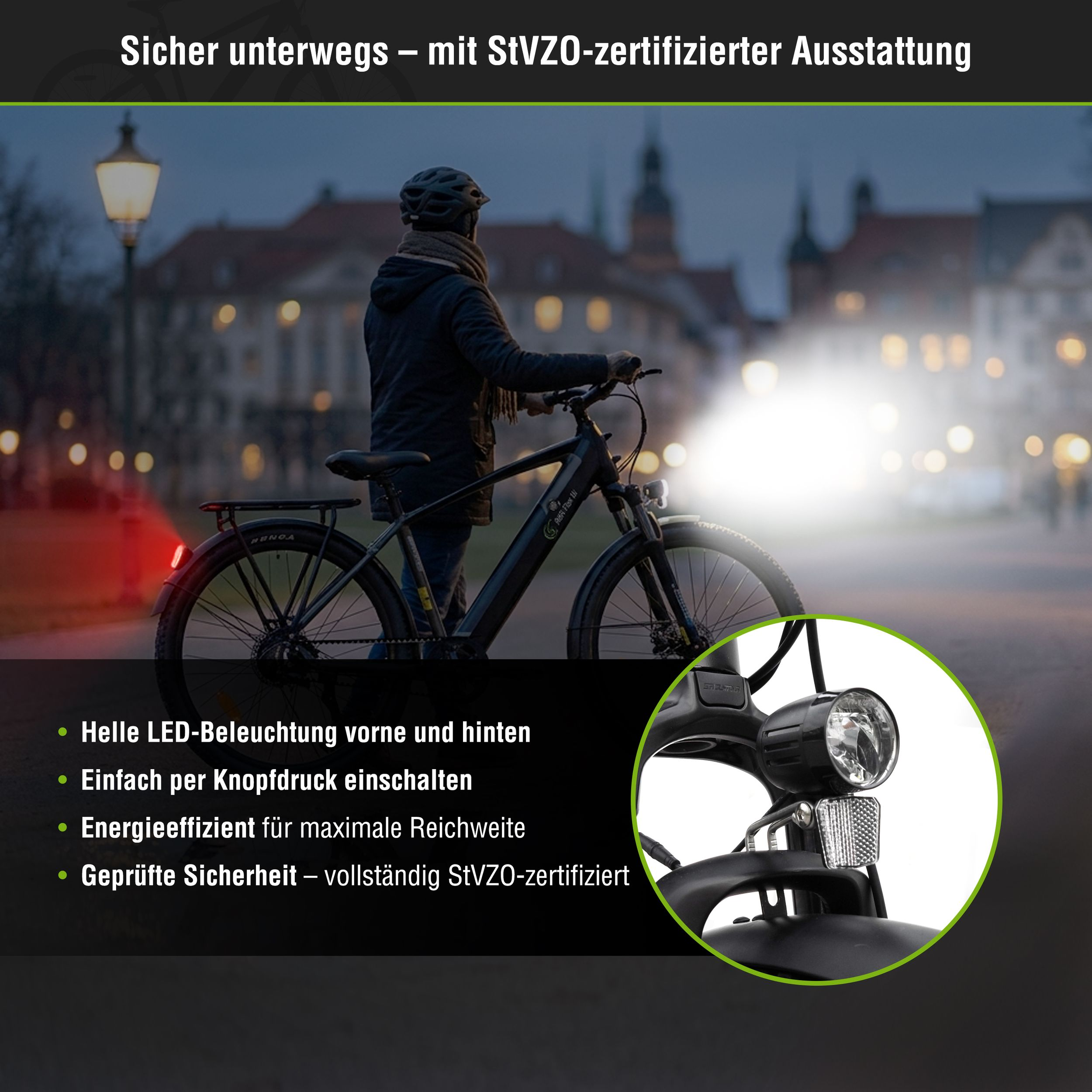 Person mit Fahrrad im Abendlicht, mit heller LED-Beleuchtung.