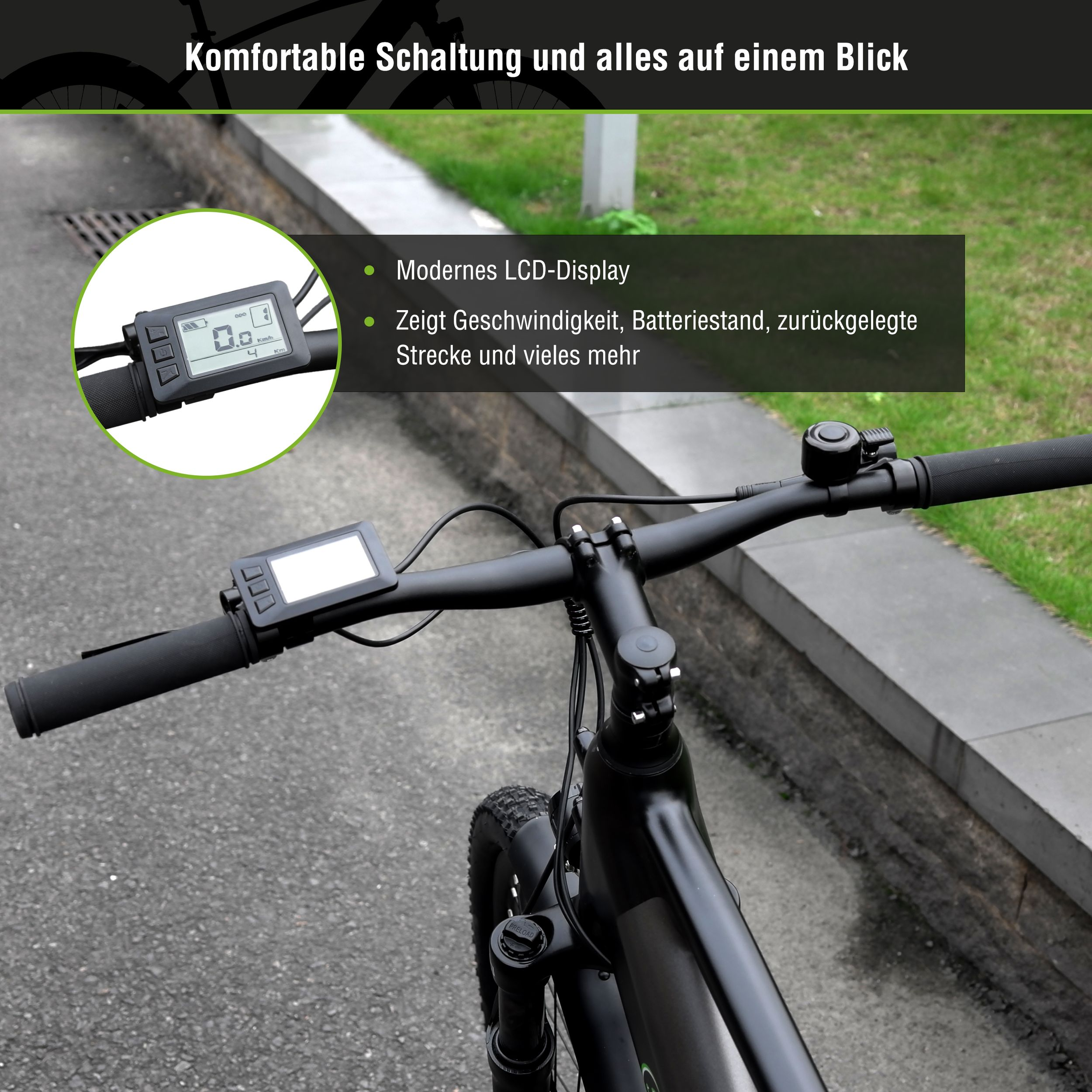 Nahaufnahme des Lenkers eines E-Bikes mit LCD-Display, das Geschwindigkeit und Akku anzeigt.