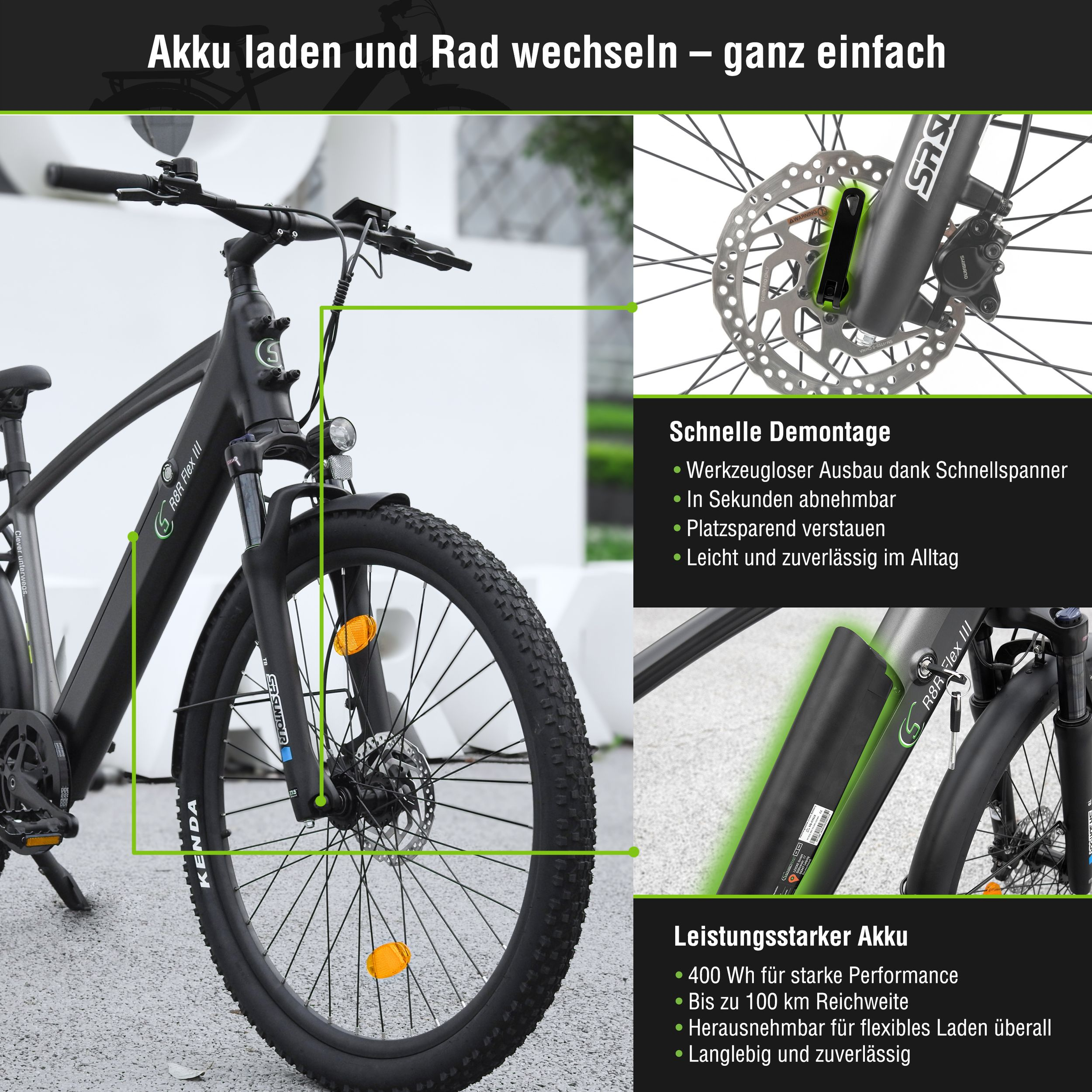 Ein schwarzes E-Bike mit Fokus auf Akku und Rad, mit Text-Highlights.