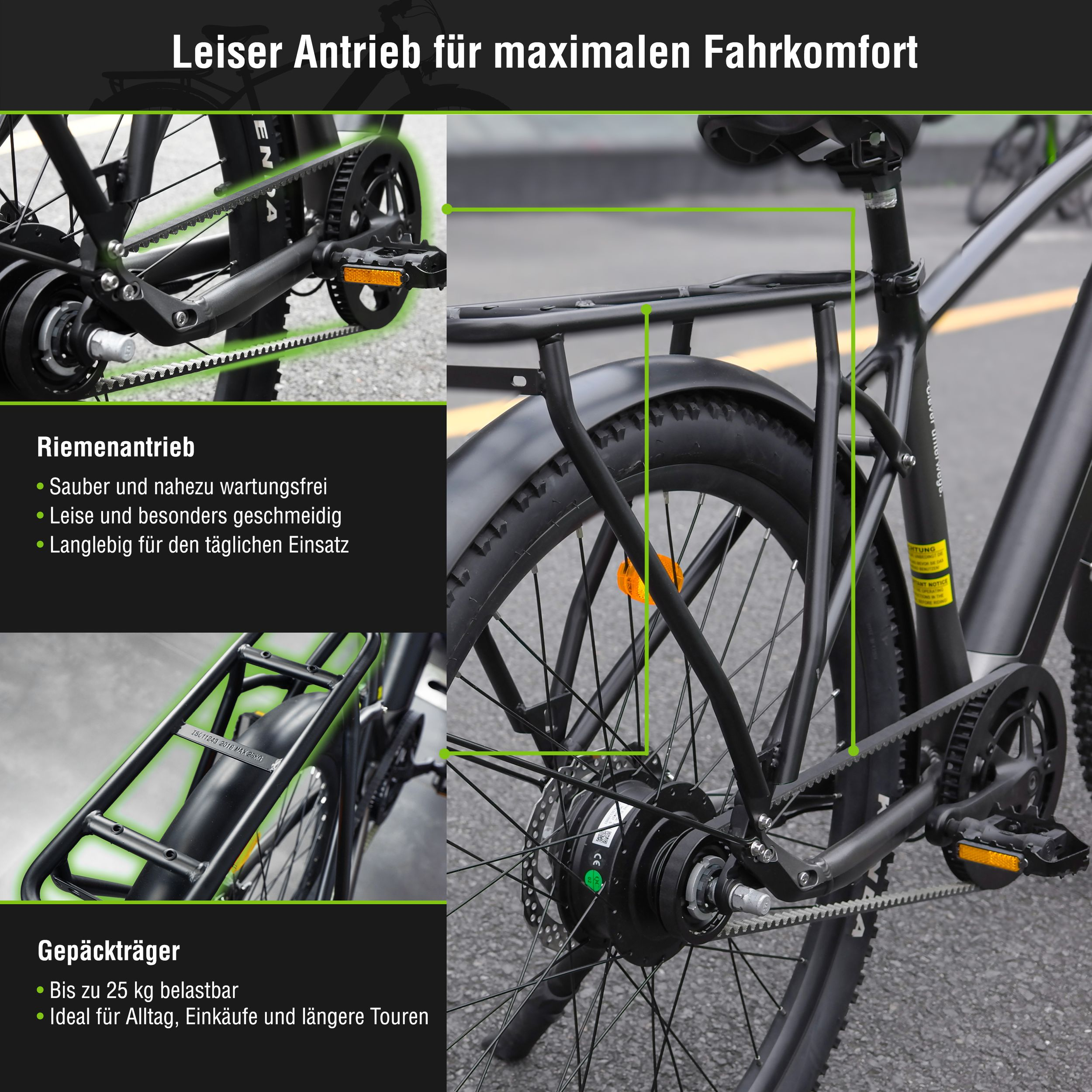 Nahaufnahme eines schwarzen Fahrrads mit Riemenantrieb und Gepäckträger.