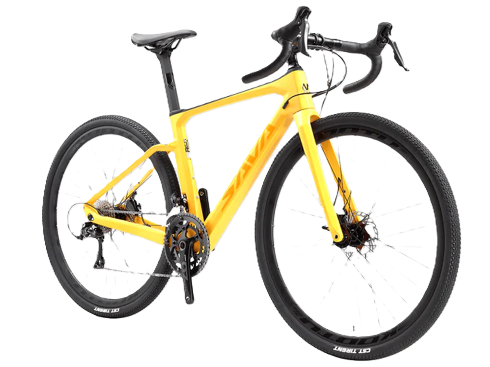 Ein gelbes Gravelbike mit schwarzen Reifen und Felgen, weißer Hintergrund.
