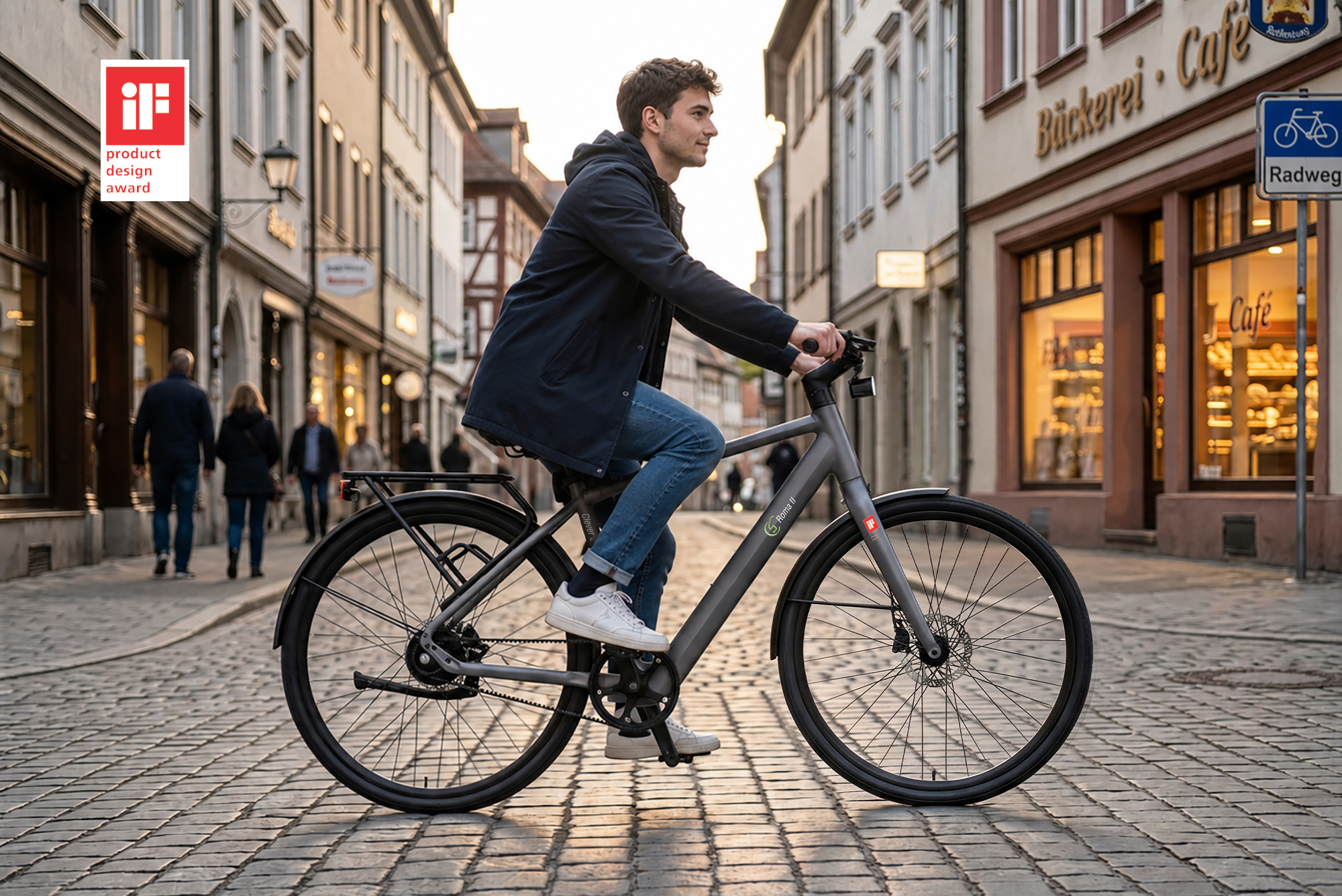 Ein Mann fährt ein graues Fahrrad auf einer Kopfsteinpflasterstraße in einer Stadt. Im Hintergrund sind Gebäude und Leute zu sehen.