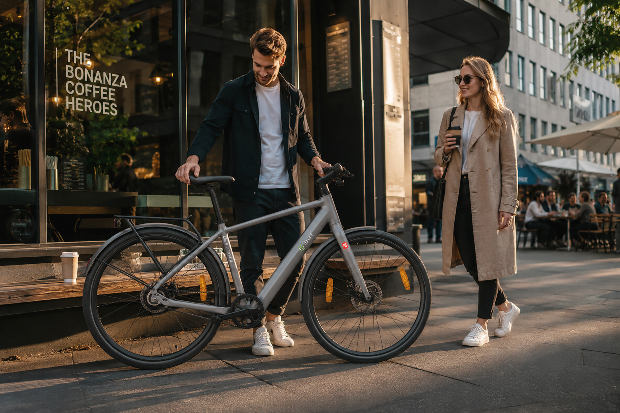 Mann und Frau stehen neben einem Fahrrad vor einem Café. Sonne scheint.