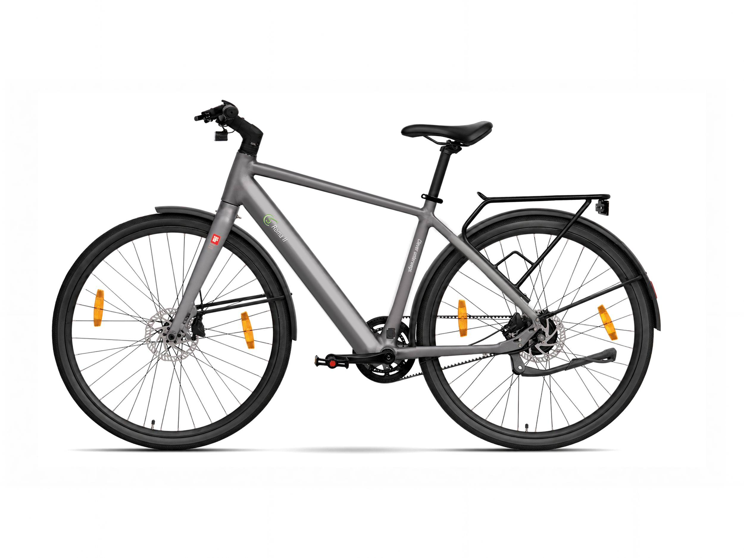 Graues Fahrrad mit Gepäckträger und Scheibenbremsen, Studioaufnahme.