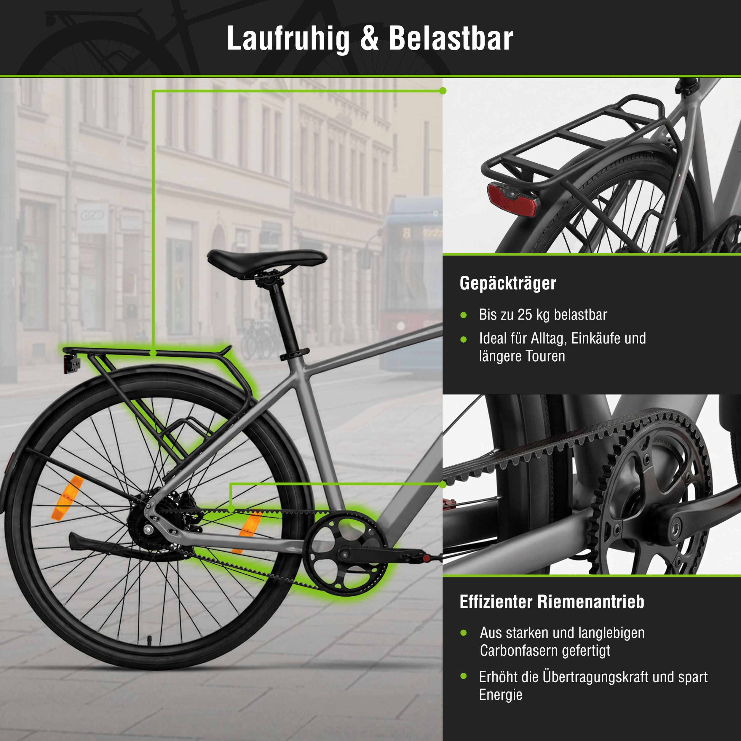 Graues Fahrrad mit Gepäckträger und Riemenantrieb vor städtischer Kulisse.