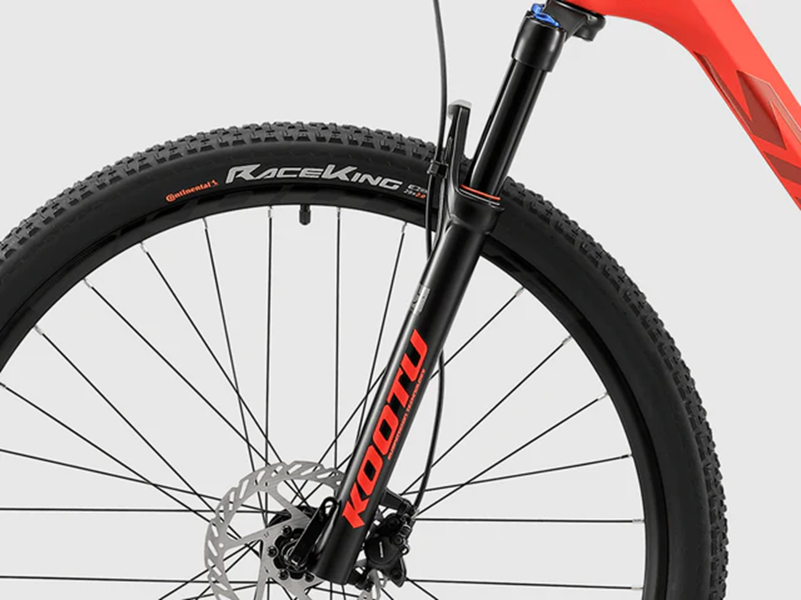Detailaufnahme einer roten Fahrradgabel mit schwarzem Reifen und Felge.