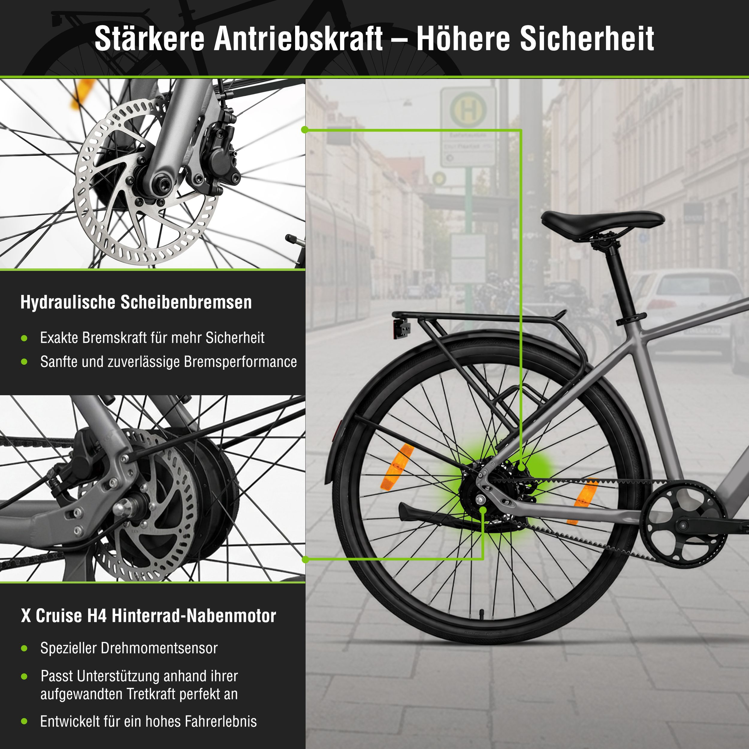 Graues Fahrrad mit Scheibenbremsen und Nabenmotor im Stadtverkehr.