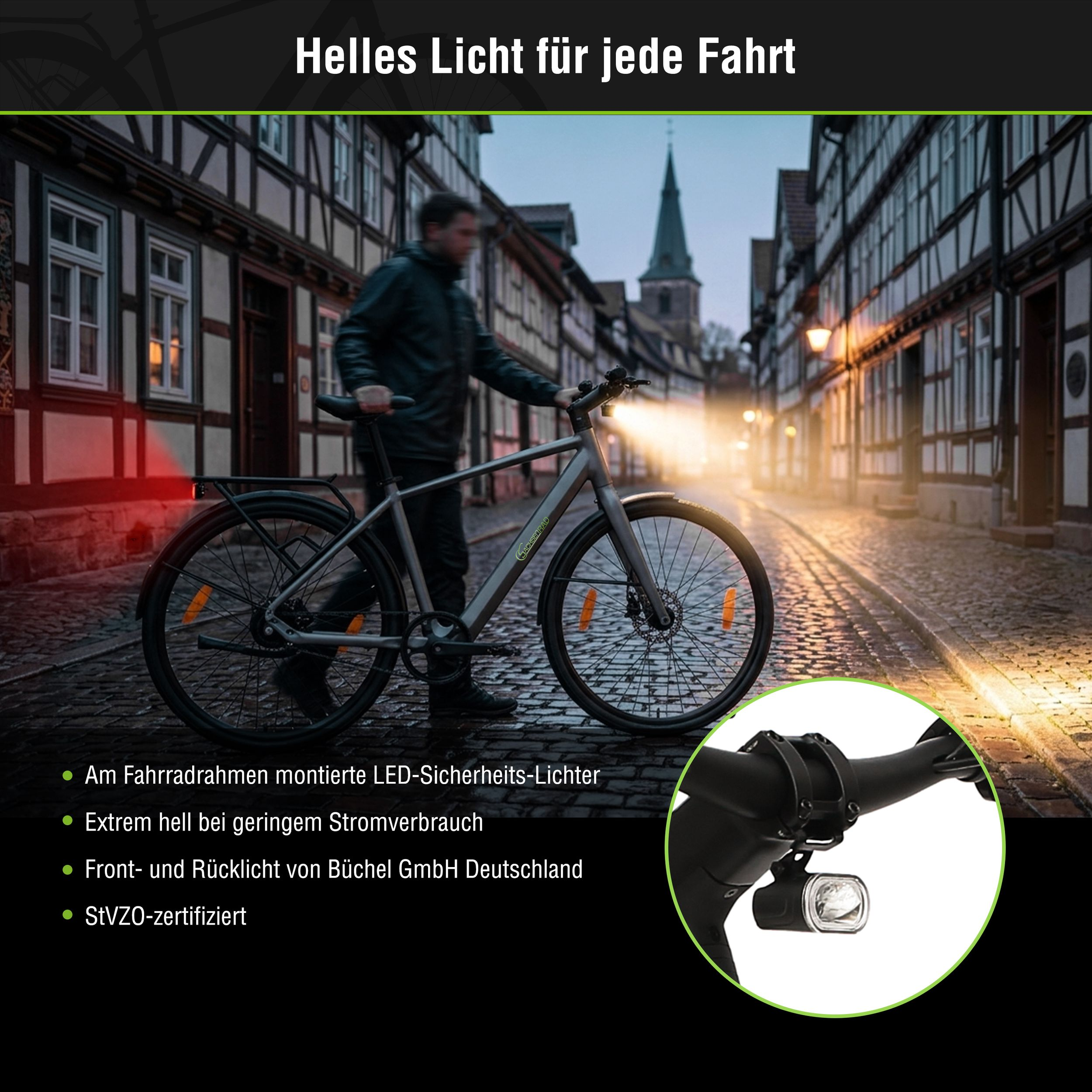 Mann mit Fahrrad auf kopfsteingepflasterter Straße bei Nacht, helle Lichter.