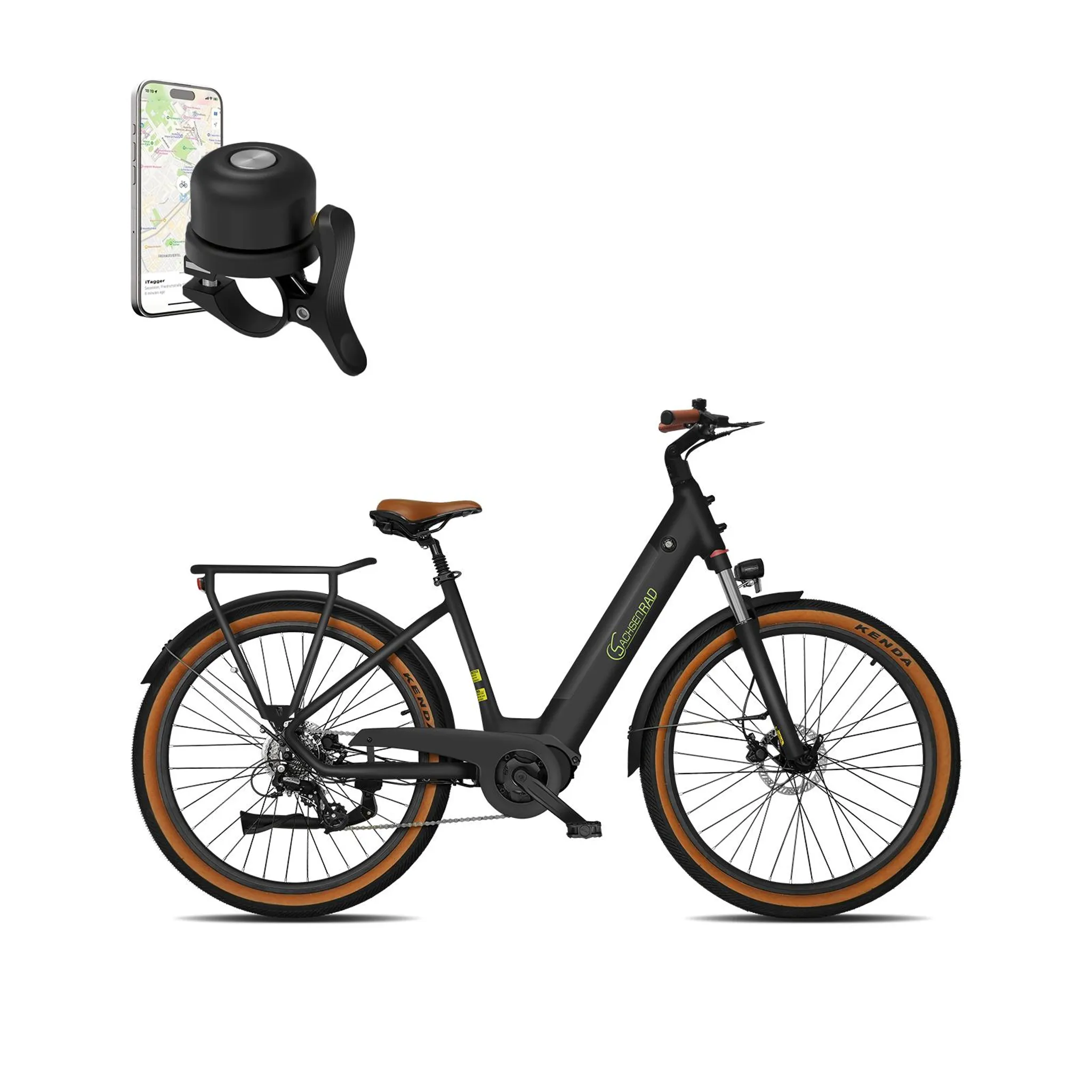 Ein schwarzes E-Bike mit braunem Sattel und braunen Reifen, daneben eine Handy-Halterung mit Klingel.