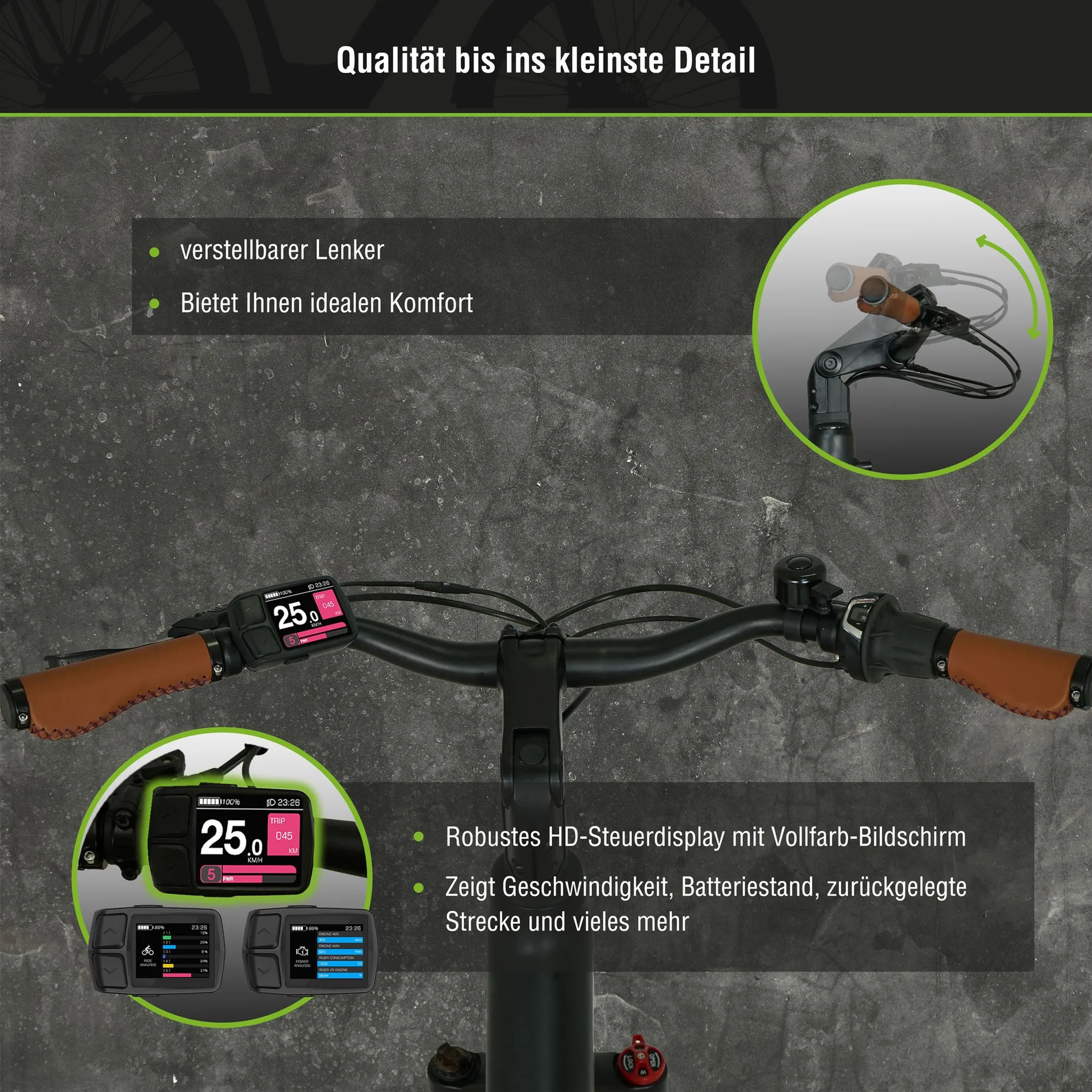 Verstellbarer Lenker und HD-Display eines E-Bikes mit Braunen Griffen.