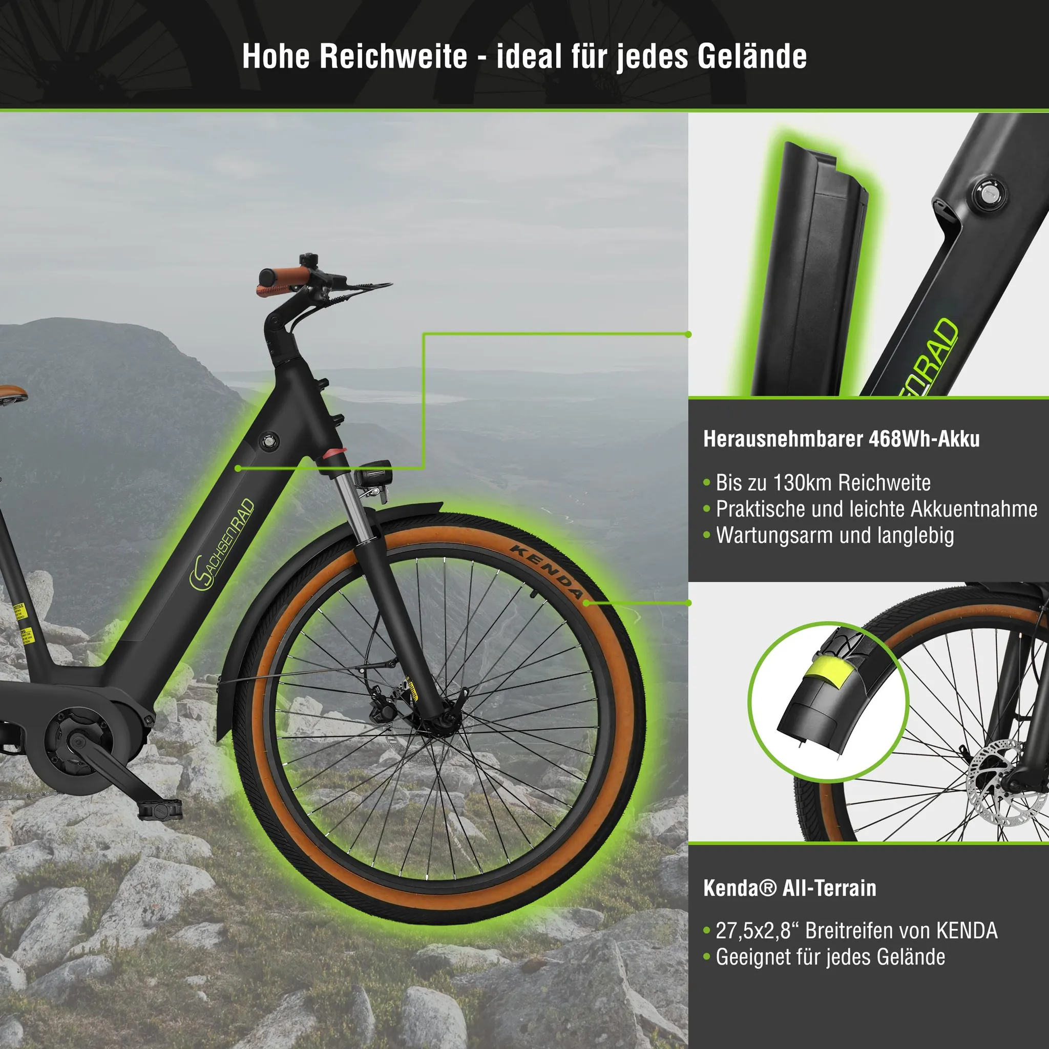 Ein schwarzes E-Bike mit braunen Akzenten steht im Gelände. Details zu Akku und Reifen werden angezeigt.