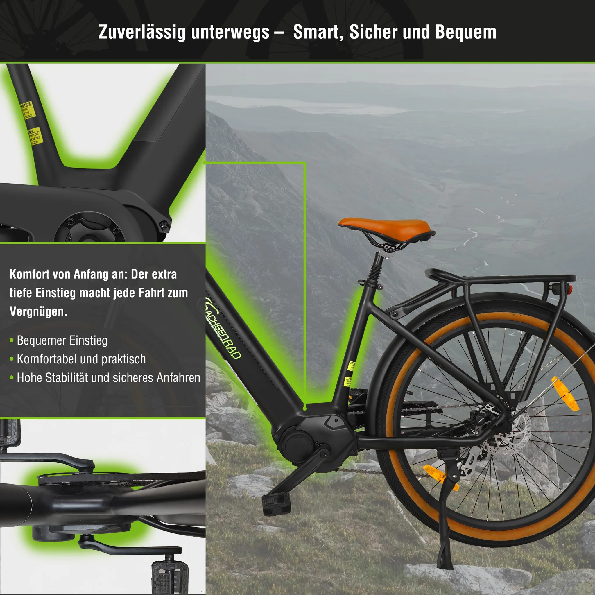 Schwarzes E-Bike mit orangefarbenem Sitz und braunen Reifen vor Bergkulisse.