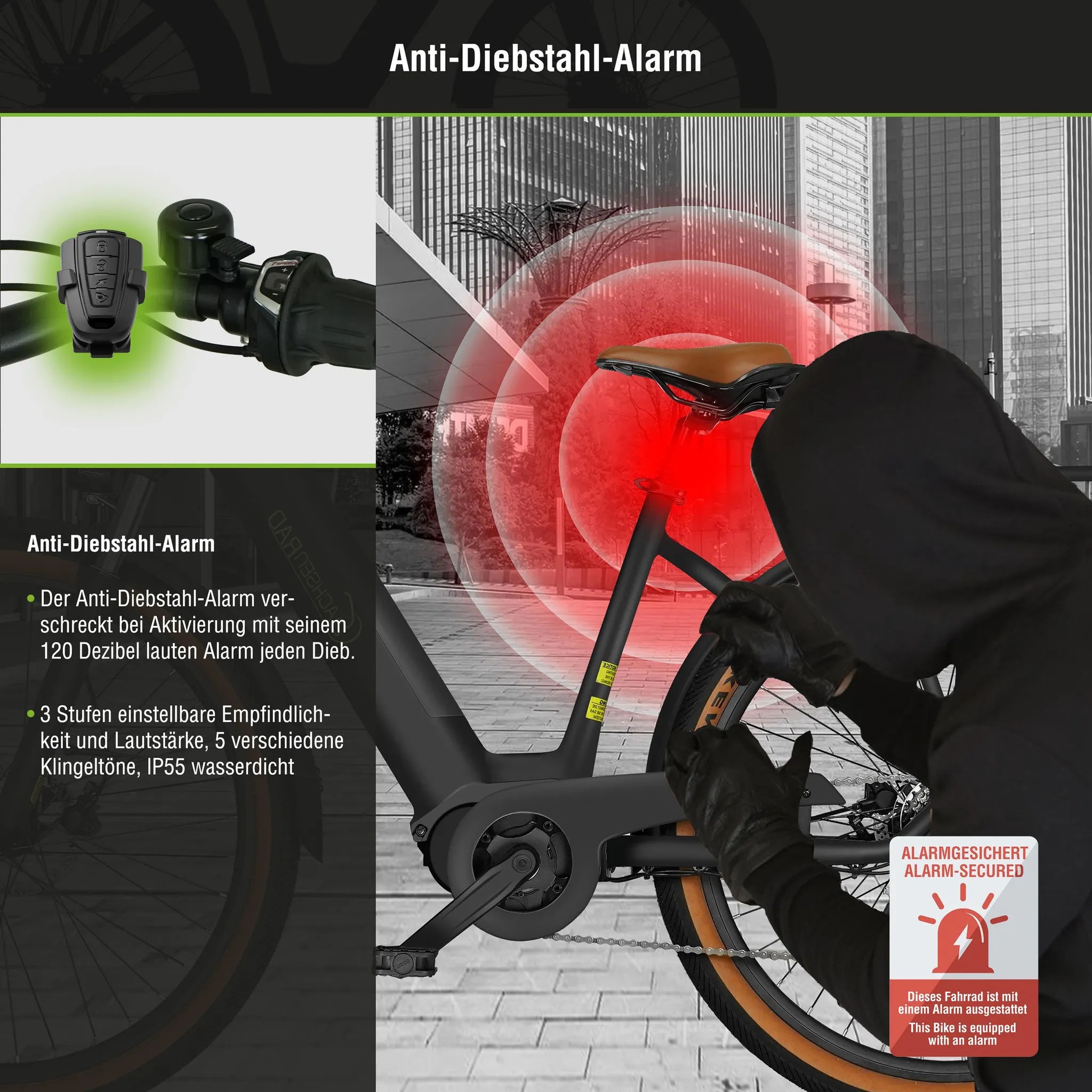Ein Dieb versucht ein Fahrrad zu stehlen, das mit einem lauten Alarm gesichert ist.