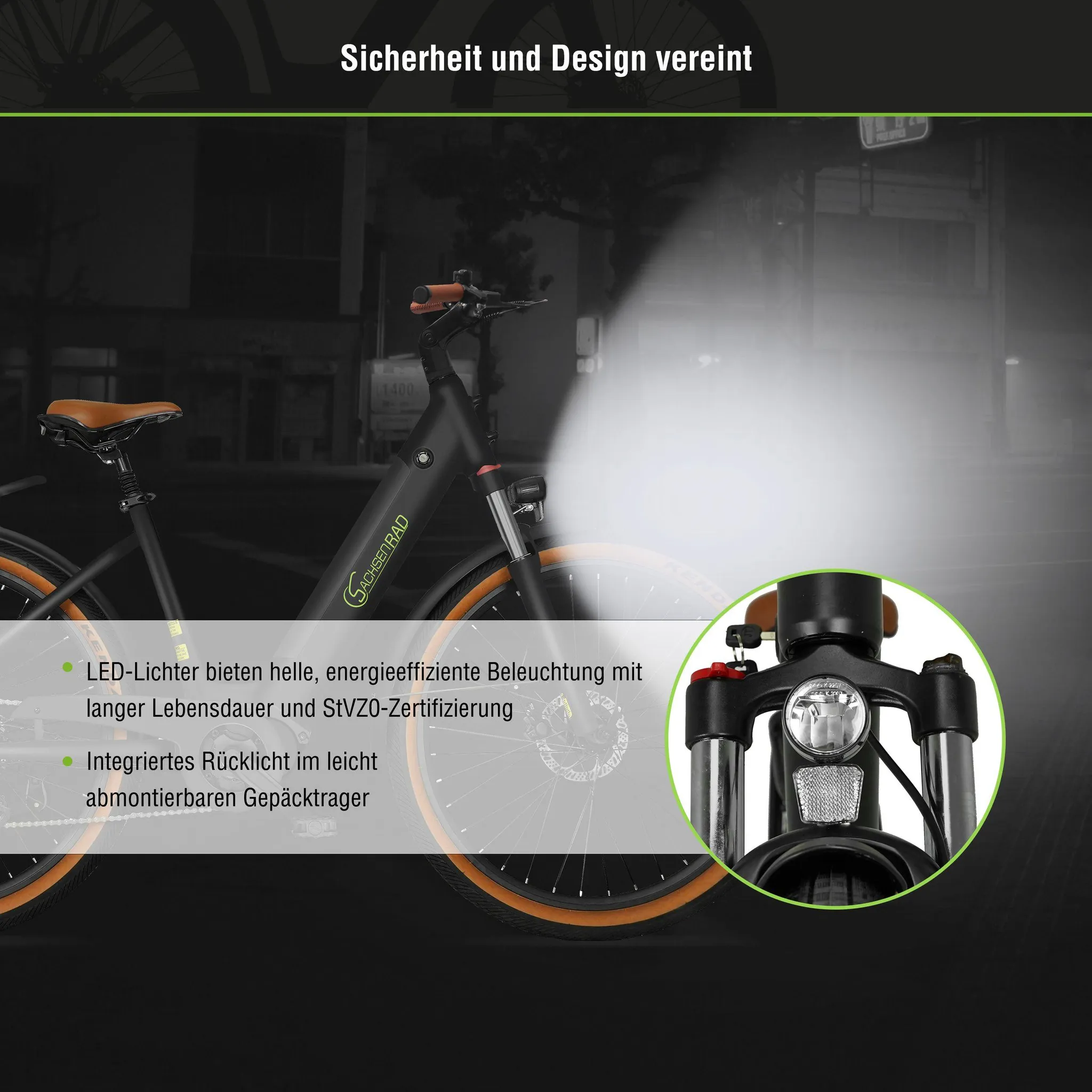 Ein schwarzes E-Bike mit braunem Sattel und integrierten Lichtern.