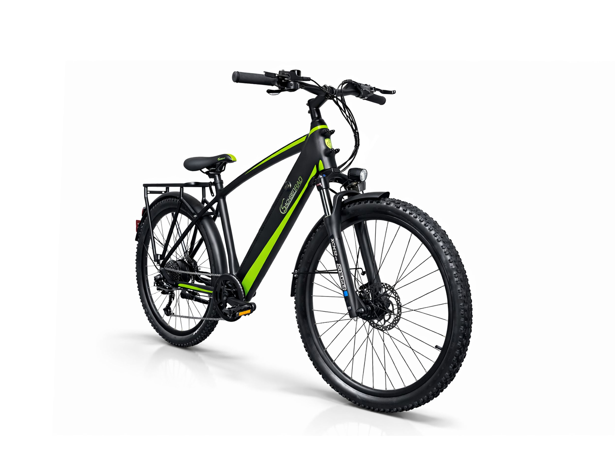 Schwarzes E-Bike mit grünen Akzenten, Gepäckträger und breiten Reifen.