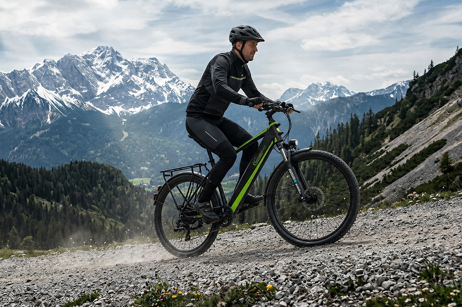 Mann fährt E-Bike in Berglandschaft.