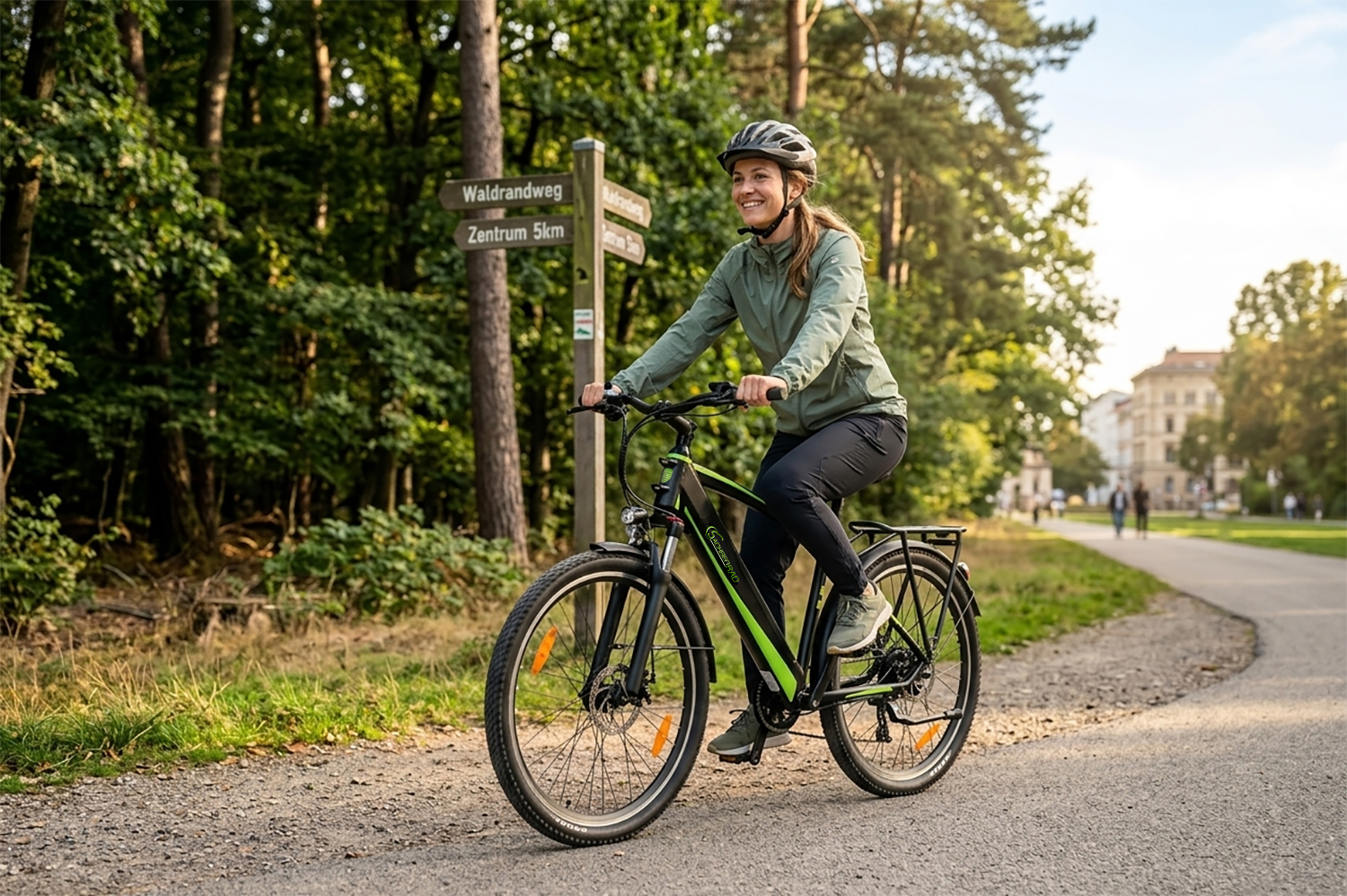 Eine Frau fährt Fahrrad auf einem Weg im Park mit Bäumen und Gebäuden im Hintergrund.