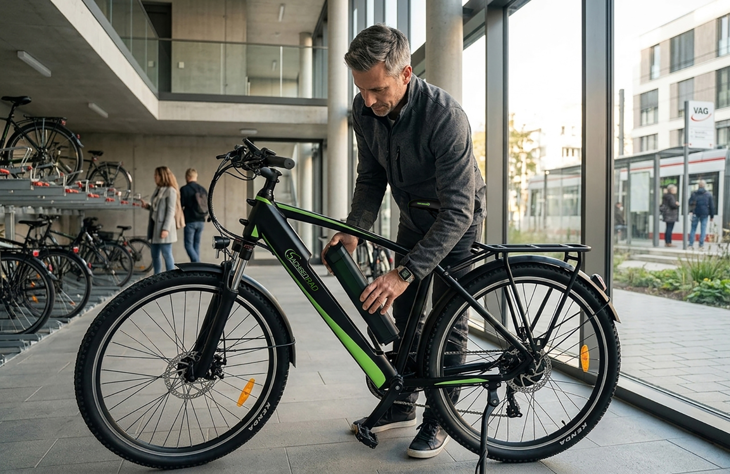 Ein Mann entnimmt den Akku eines schwarzen und grünen E-Bikes in einer Fahrradgarage.