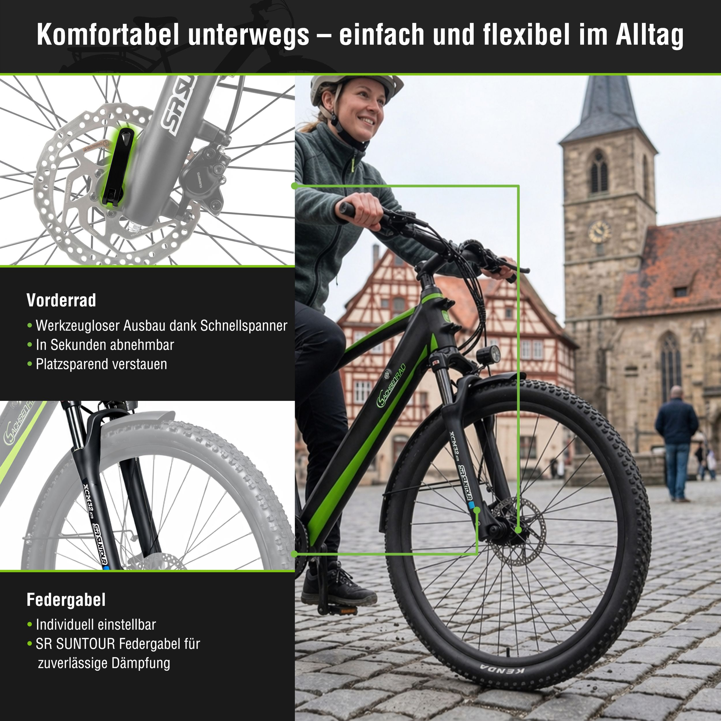 Eine Frau fährt ein schwarzes E-Bike mit grünen Akzenten in einer Stadt. Detailansichten zeigen Vorderrad und Federgabel.