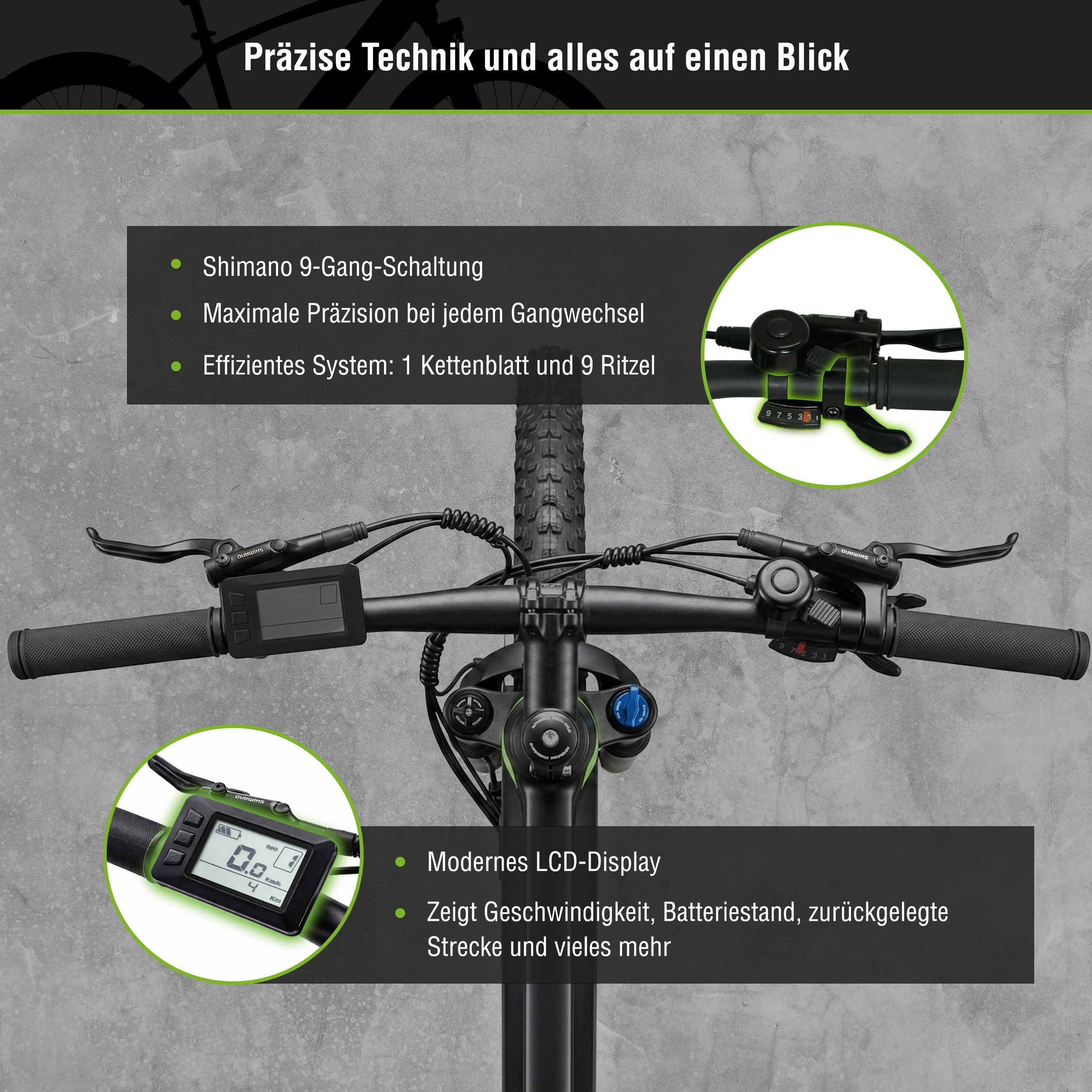 Fahrradlenker mit Gangschaltung und LCD-Display, detaillierte Technik.