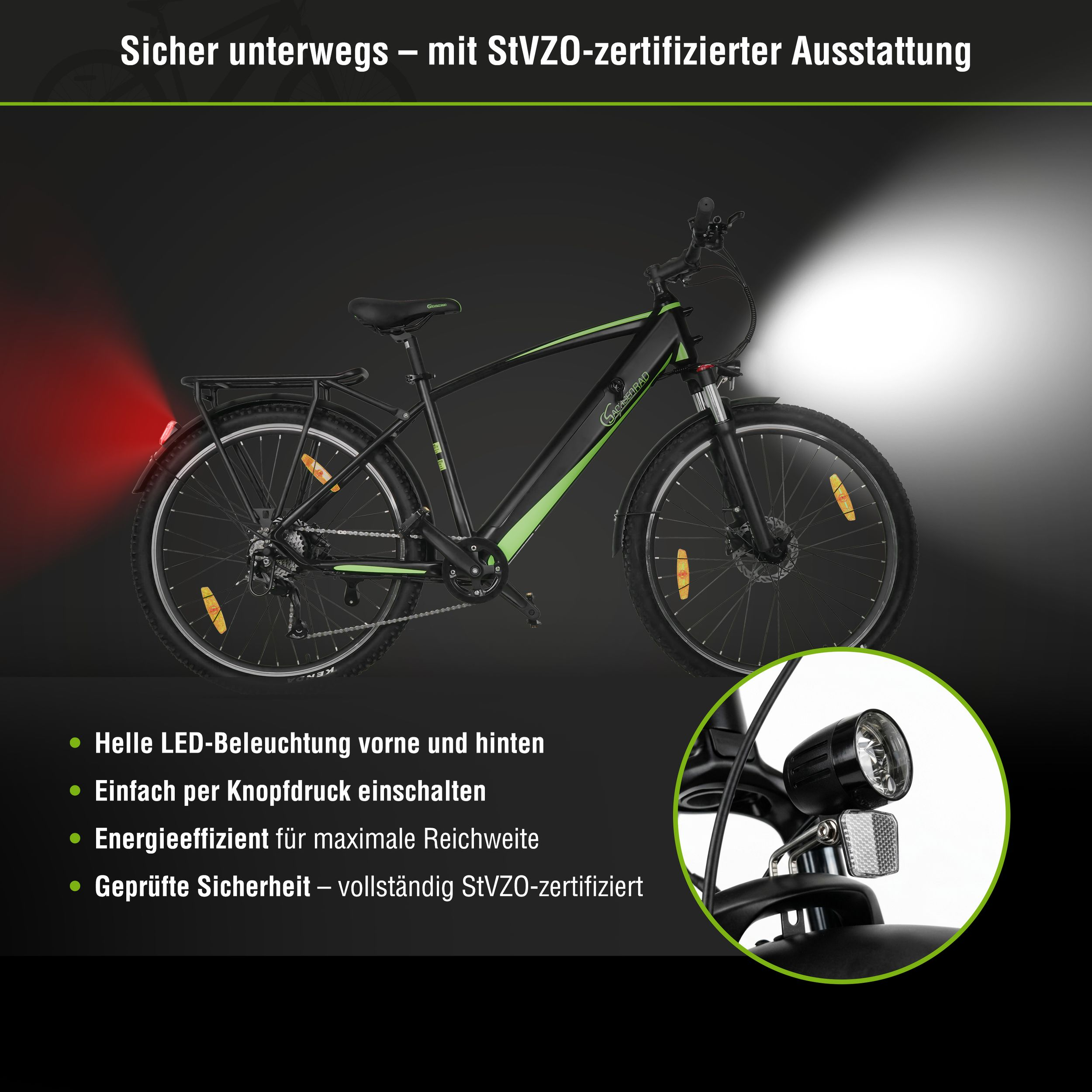 Schwarzes Fahrrad mit grünen Akzenten, Vorder- und Rücklicht, Text.