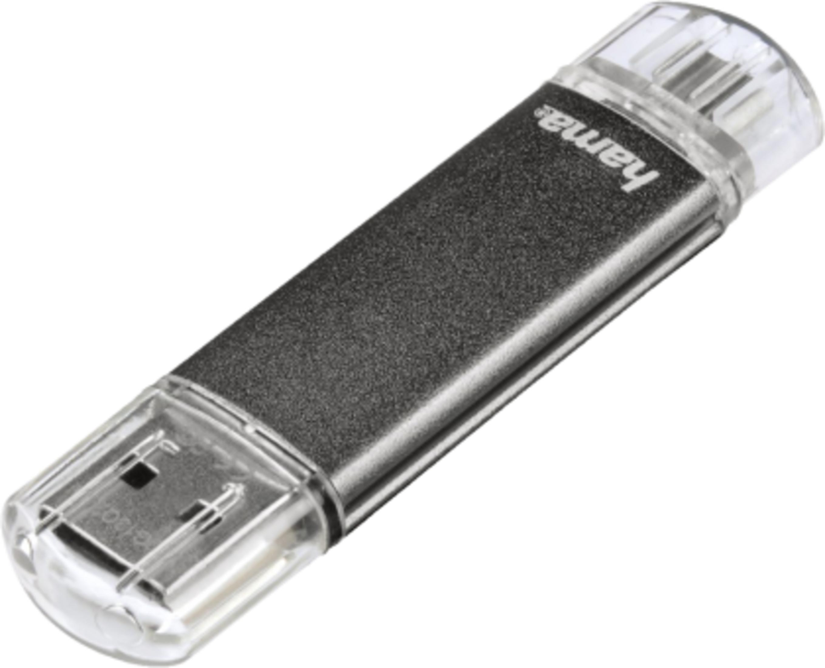 Ein schwarzer Hama USB-Stick mit transparenten Kappen.