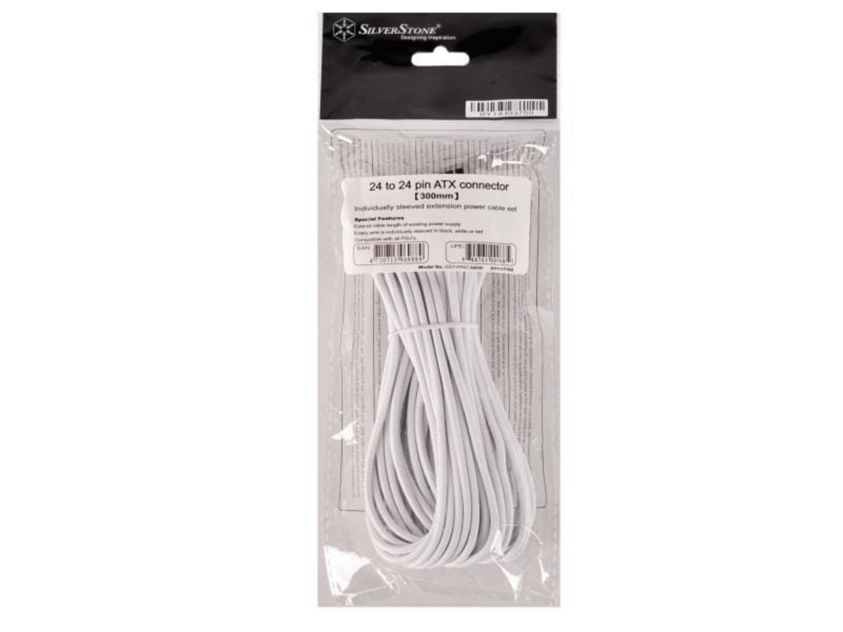 Verpackung mit weißen ATX-Kabelerweiterungen von SilverStone.