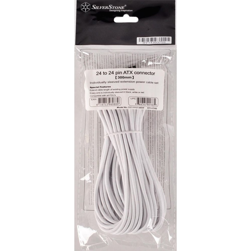 Verpackung mit weißem ATX-Stromkabel, 300mm lang, einzeln ummantelt.