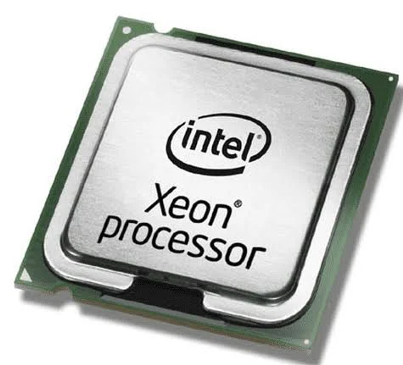 Intel Xeon Prozessor mit silbernem Gehäuse und grüner Leiterplatte.