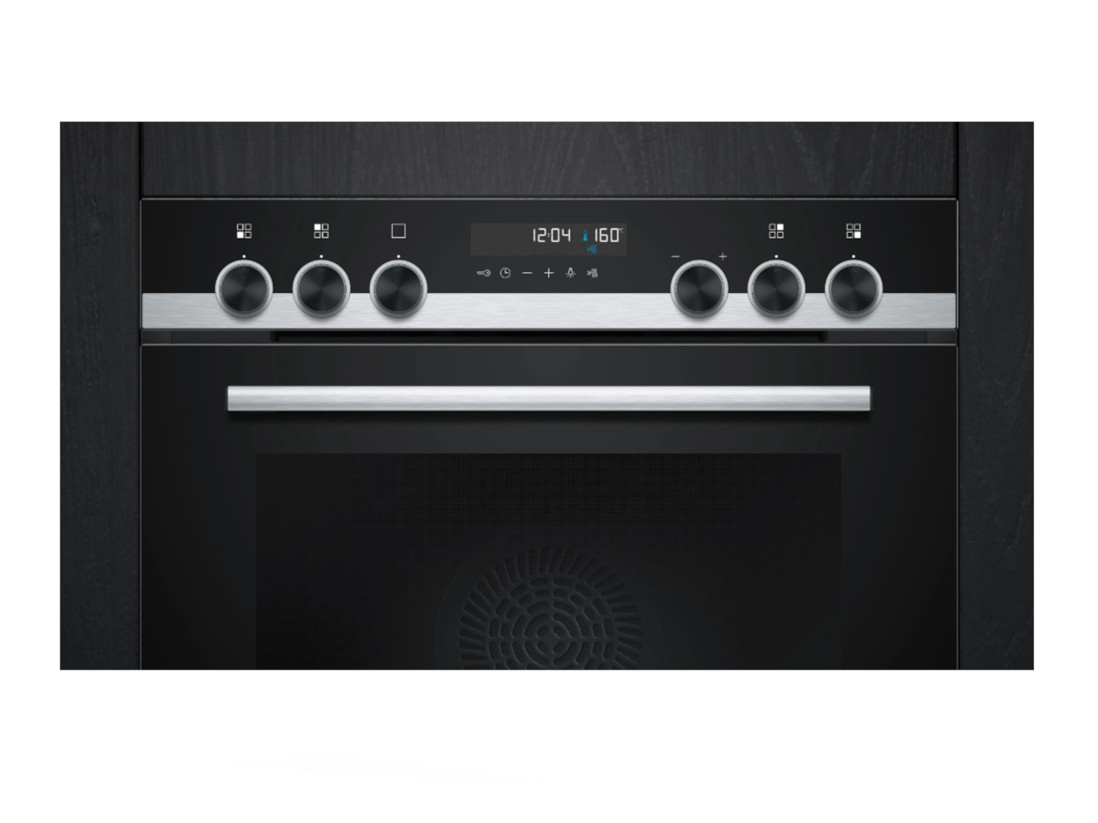 Moderner schwarzer Einbaubackofen mit Touchscreen, Knöpfen und silbernem Griff.