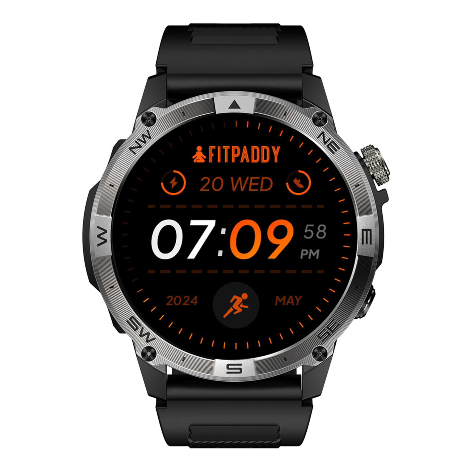 Uno smartwatch nero con ghiera argentata mostra le 07:09, data e icona di corsa.