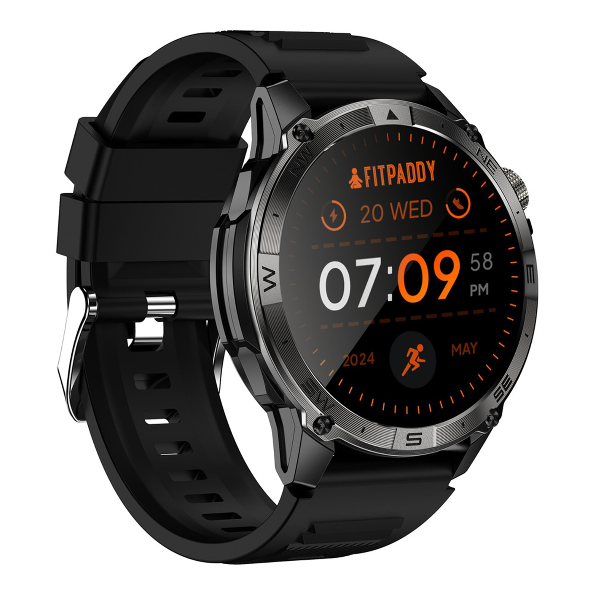 Smartwatch nero con display rotondo che mostra le 7:09 e la data.
