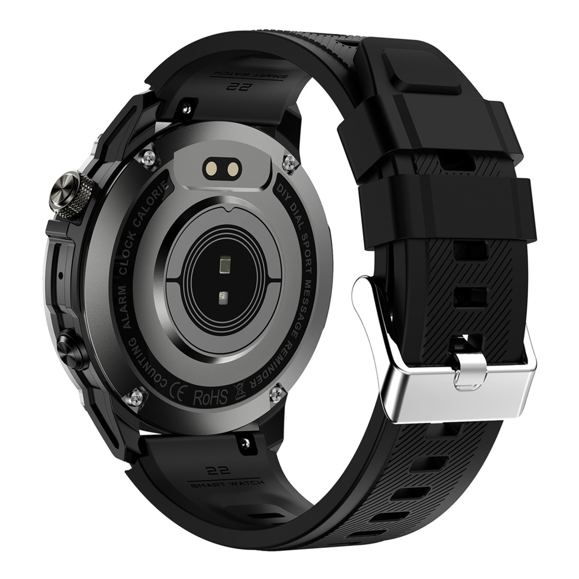 Retro di uno smartwatch nero con fibbia in metallo e sensore di battito cardiaco.