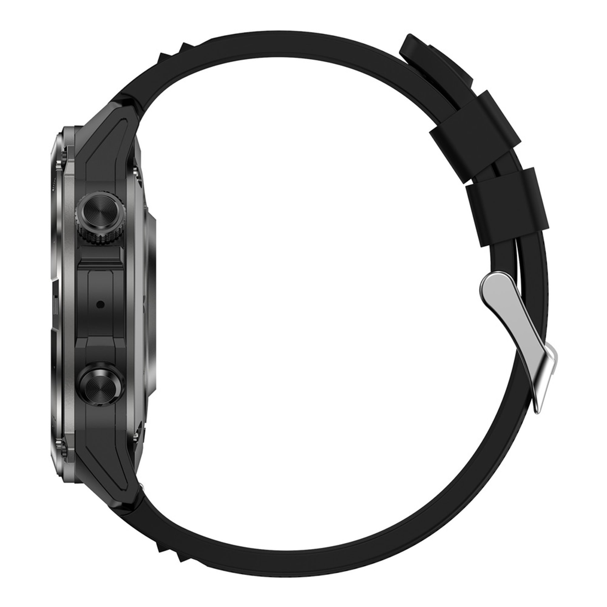 Smartwatch grigio con cinturino nero e fibbia argentata, vista di lato.