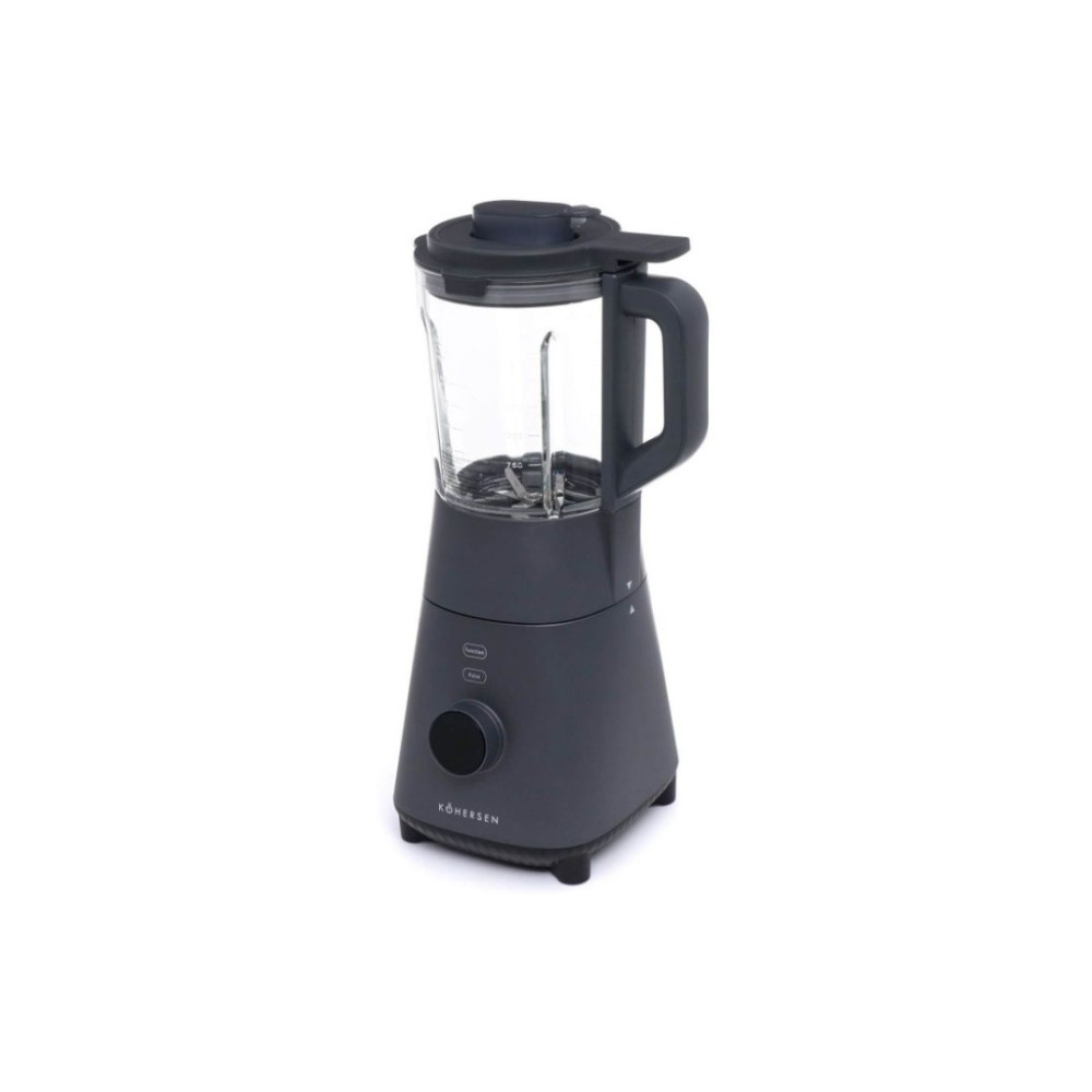 Un frullatore grigio scuro con caraffa in vetro e manico nero.