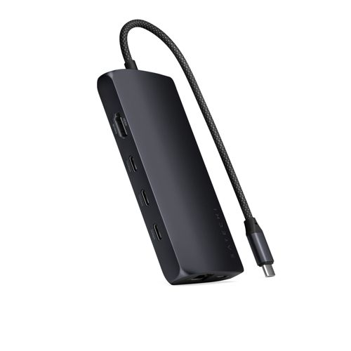 Eine schwarze Satechi USB-C-Dockingstation mit HDMI, USB-A und USB-C-Anschlüssen.