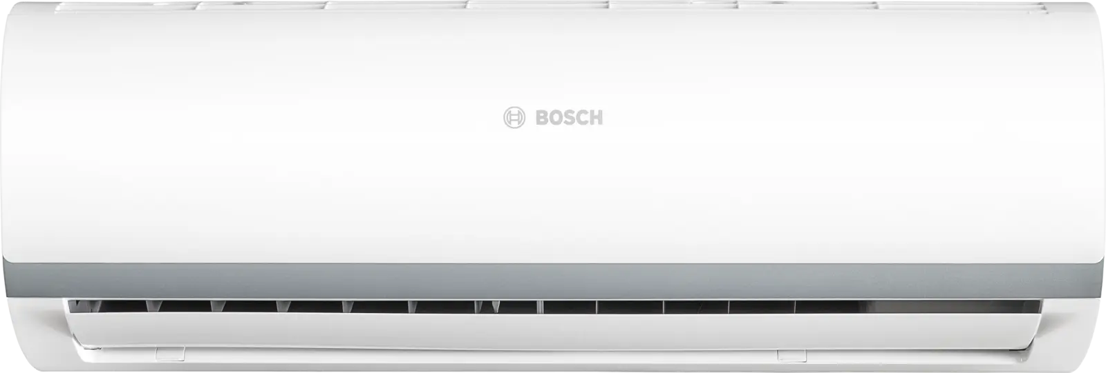 Unità interna condizionatore Bosch bianca con finitura grigia e alette.
