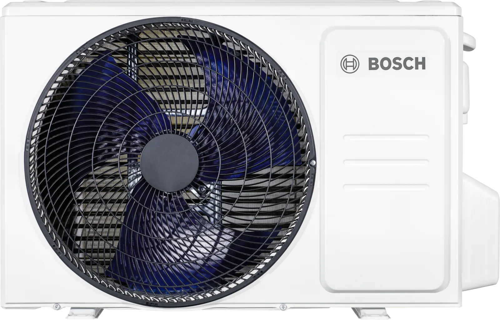 Unità esterna condizionatore bianco Bosch con grande ventola blu.