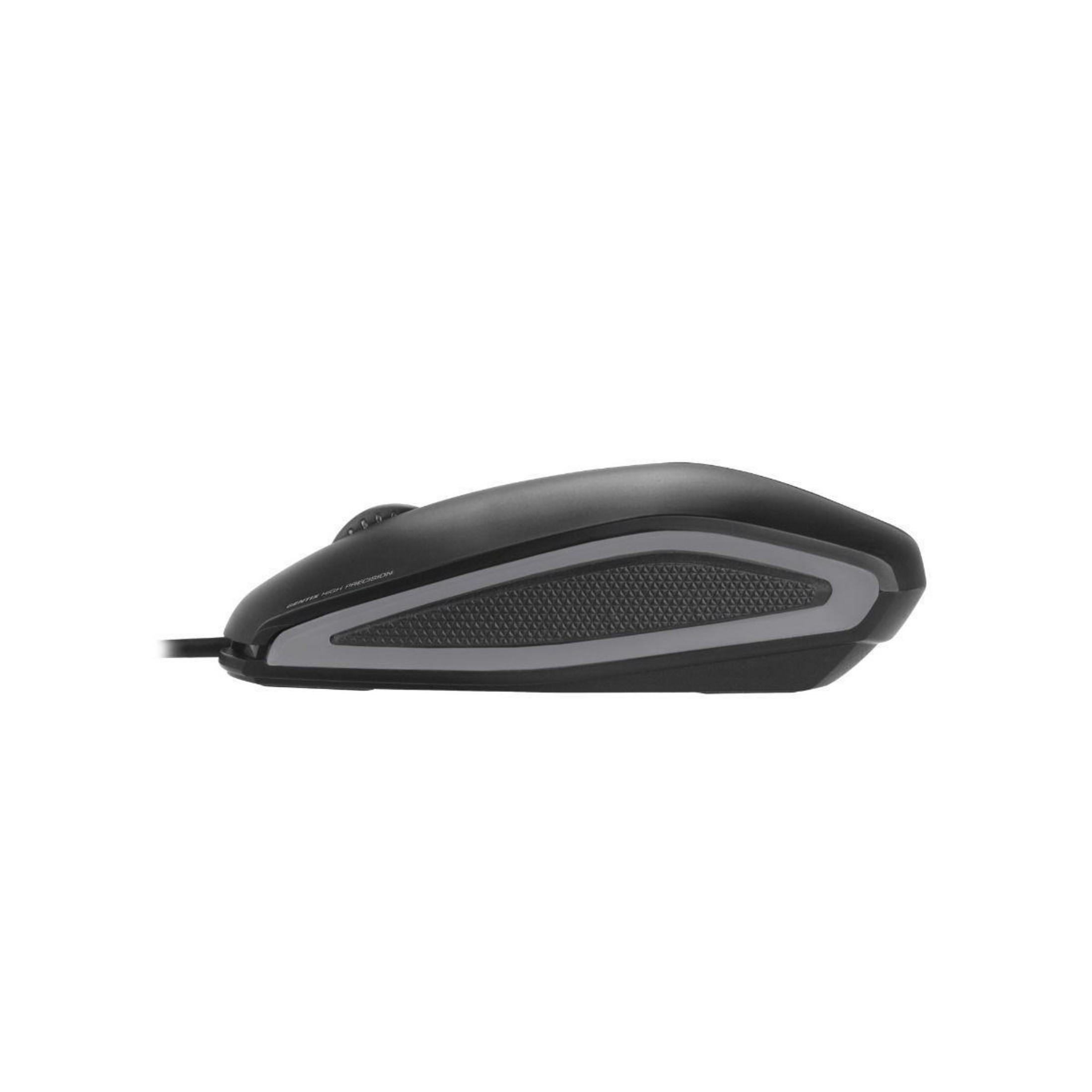 Eine schwarze Computermaus mit einer gummierten Seite und einem Kabel.