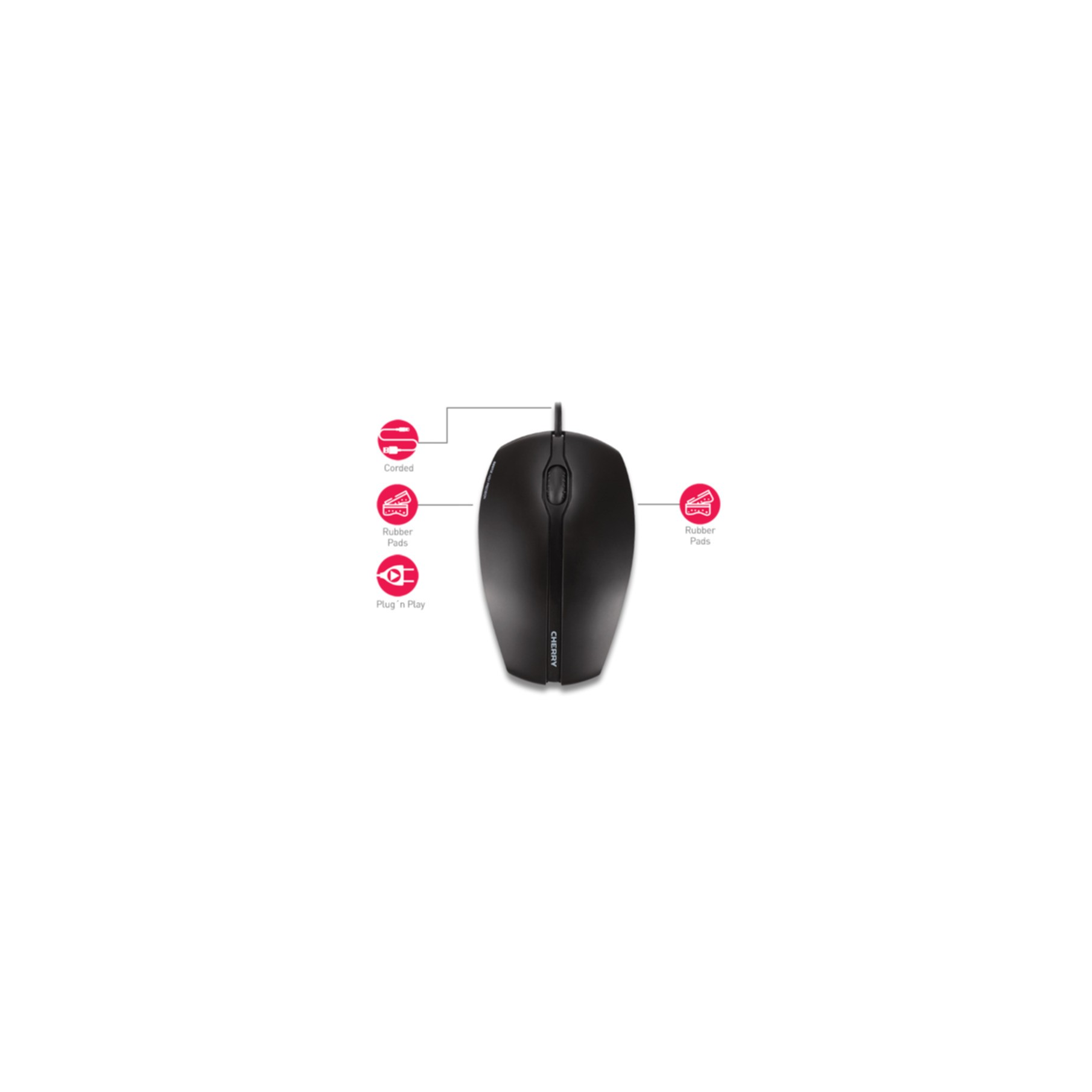 Schwarze kabelgebundene CHERRY-Maus mit Gummifüßen und Plug-and-Play-Funktion.